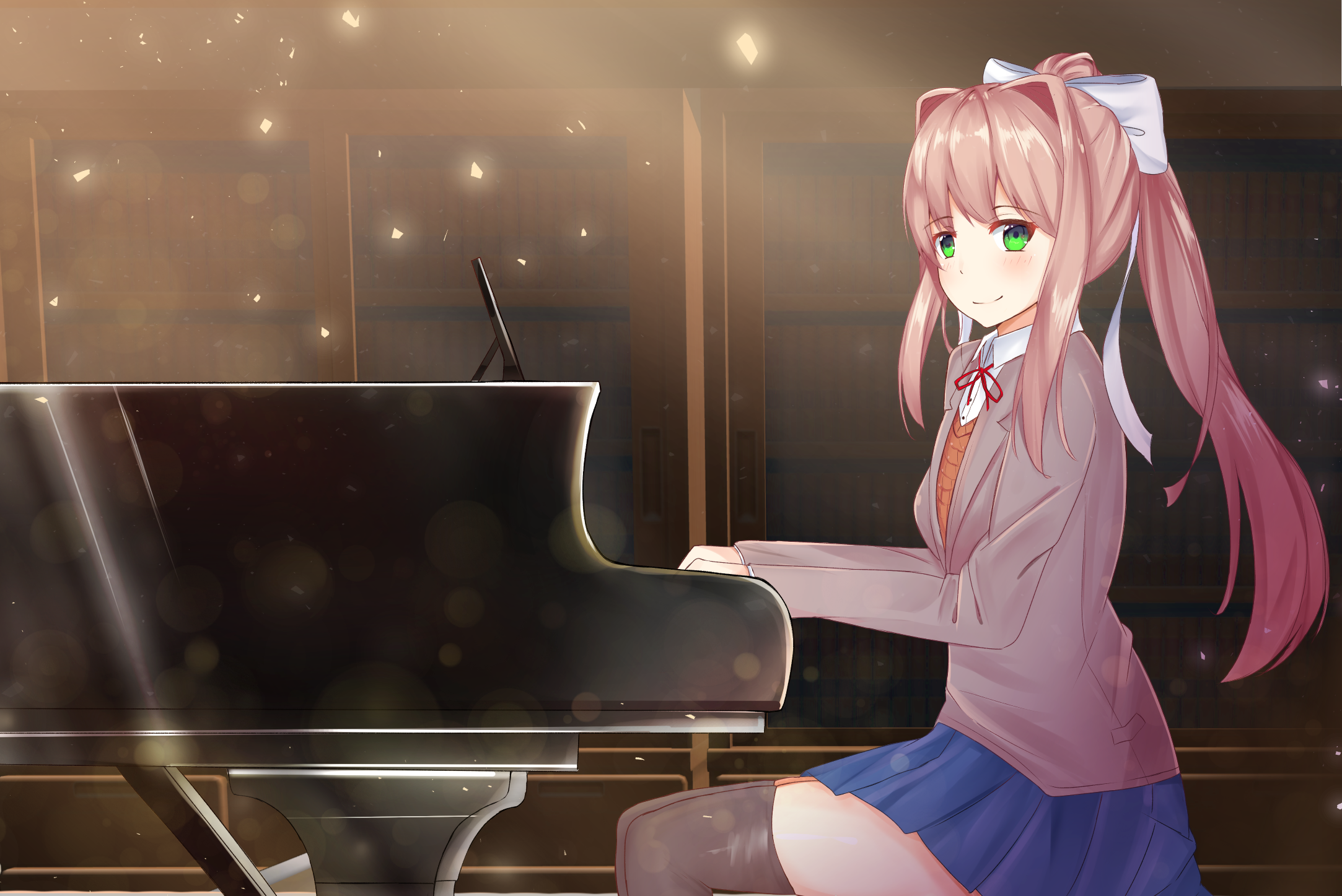 Monika from Doki Doki Literature Club! playing piano HD Wallpaper