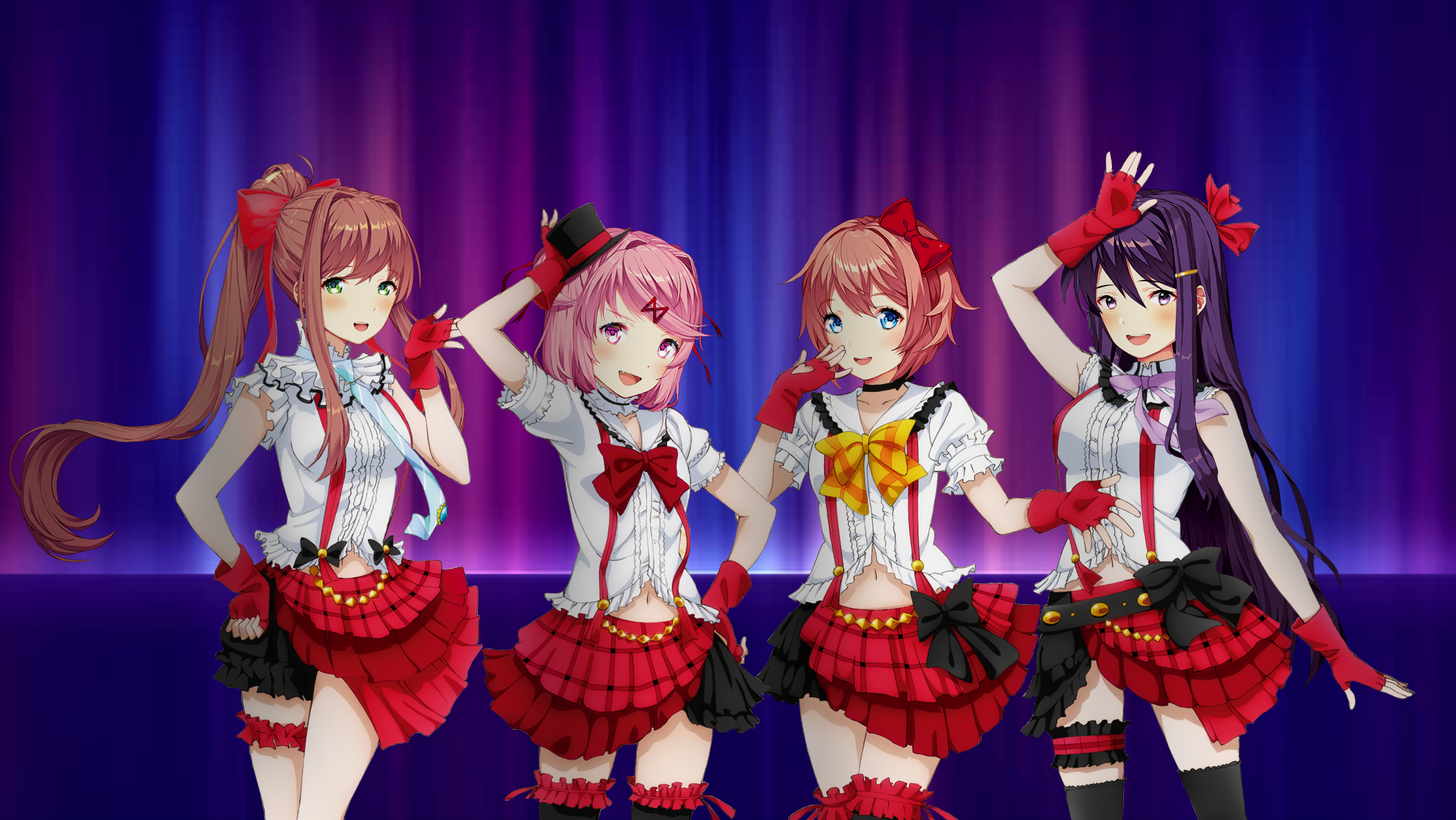 Four girls from Doki Doki Literature Club in stage outfits HD Wallpaper