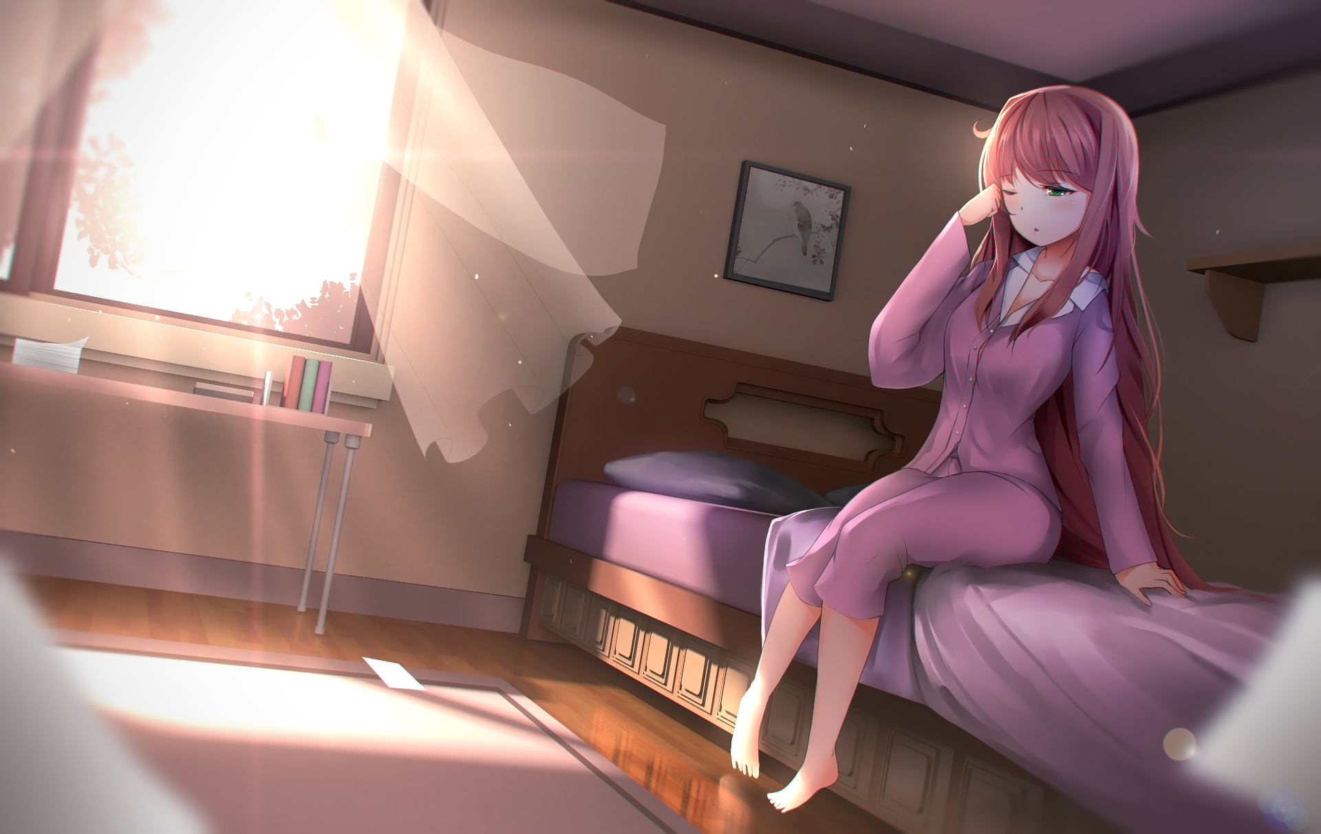 Monika from Doki Doki Literature Club! in pajamas HD Wallpaper