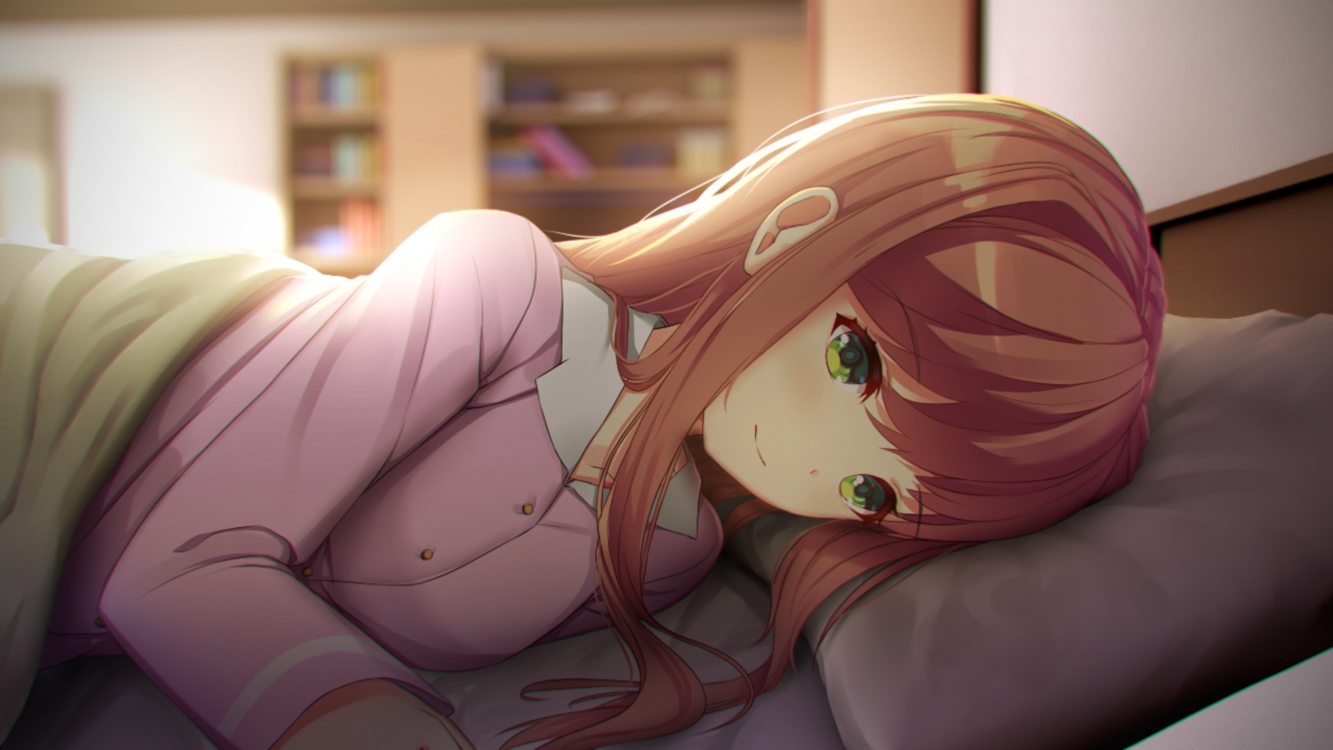 Monika from Doki Doki Literature Club! lying in bed HD Wallpaper