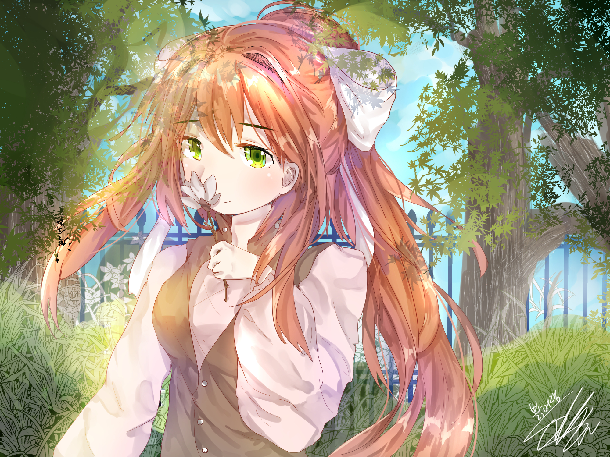 Monika from Doki Doki Literature Club! in a garden HD Wallpaper