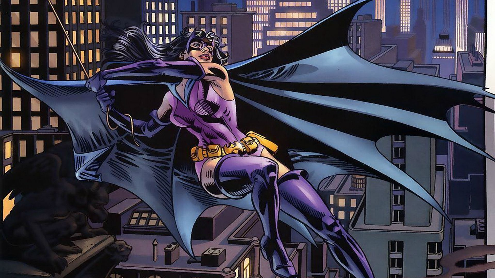 Huntress from DC Comics flying over a city HD Wallpaper