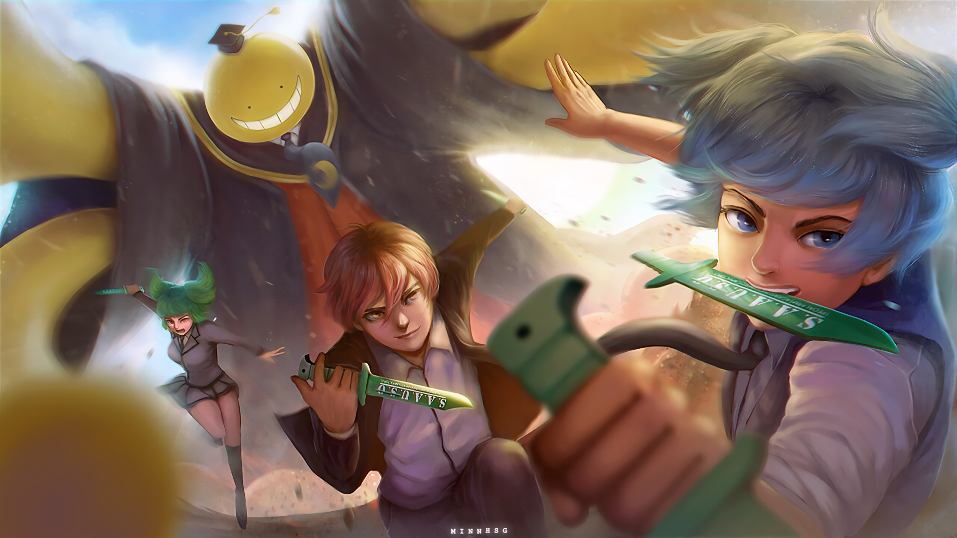 Assassination Classroom: Koro-sensei and students with knives HD Wallpaper