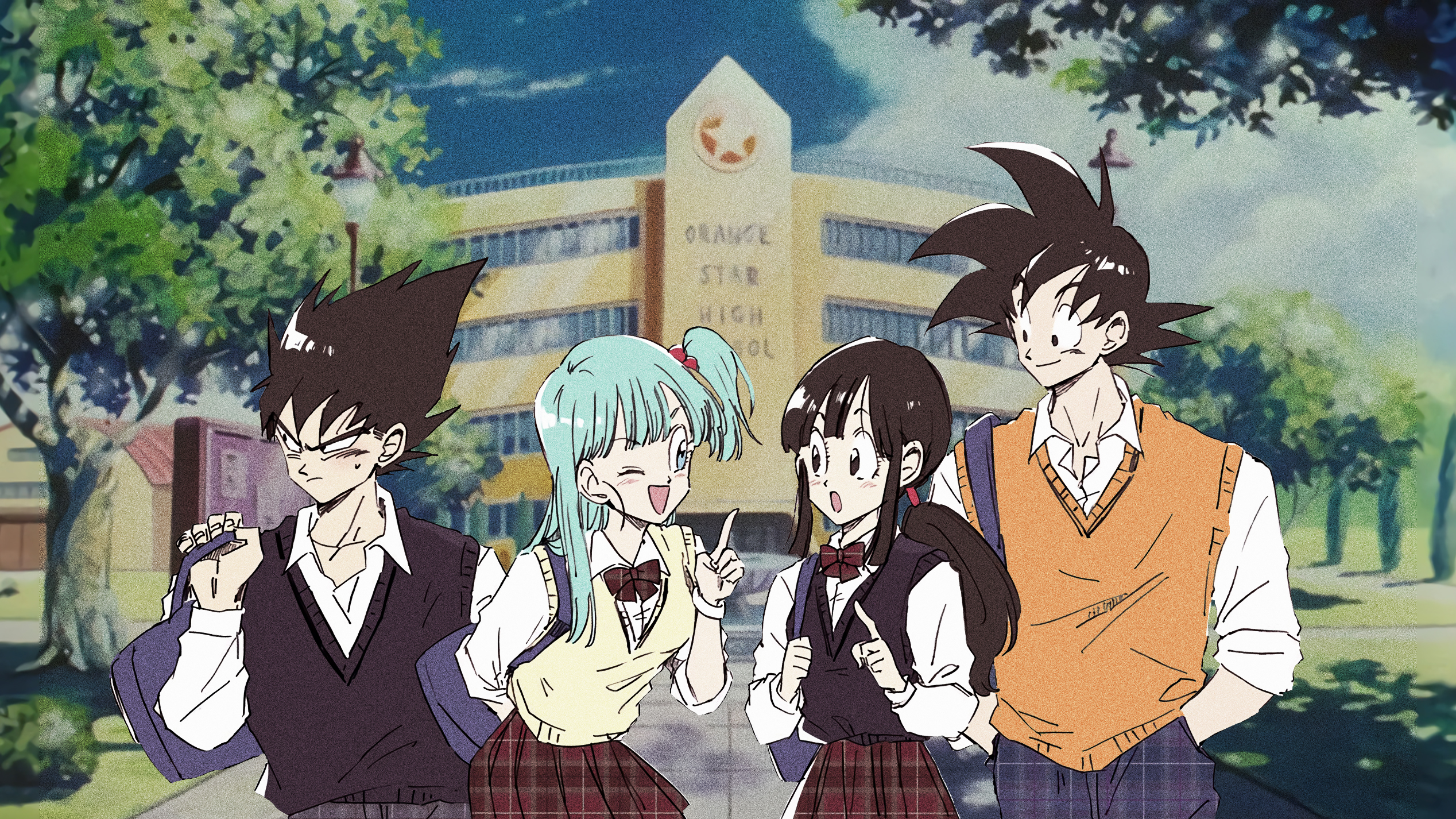 Goku, Bulma, Chi-Chi, and Vegeta from Dragon Ball at Orange Star High School HD Wallpaper