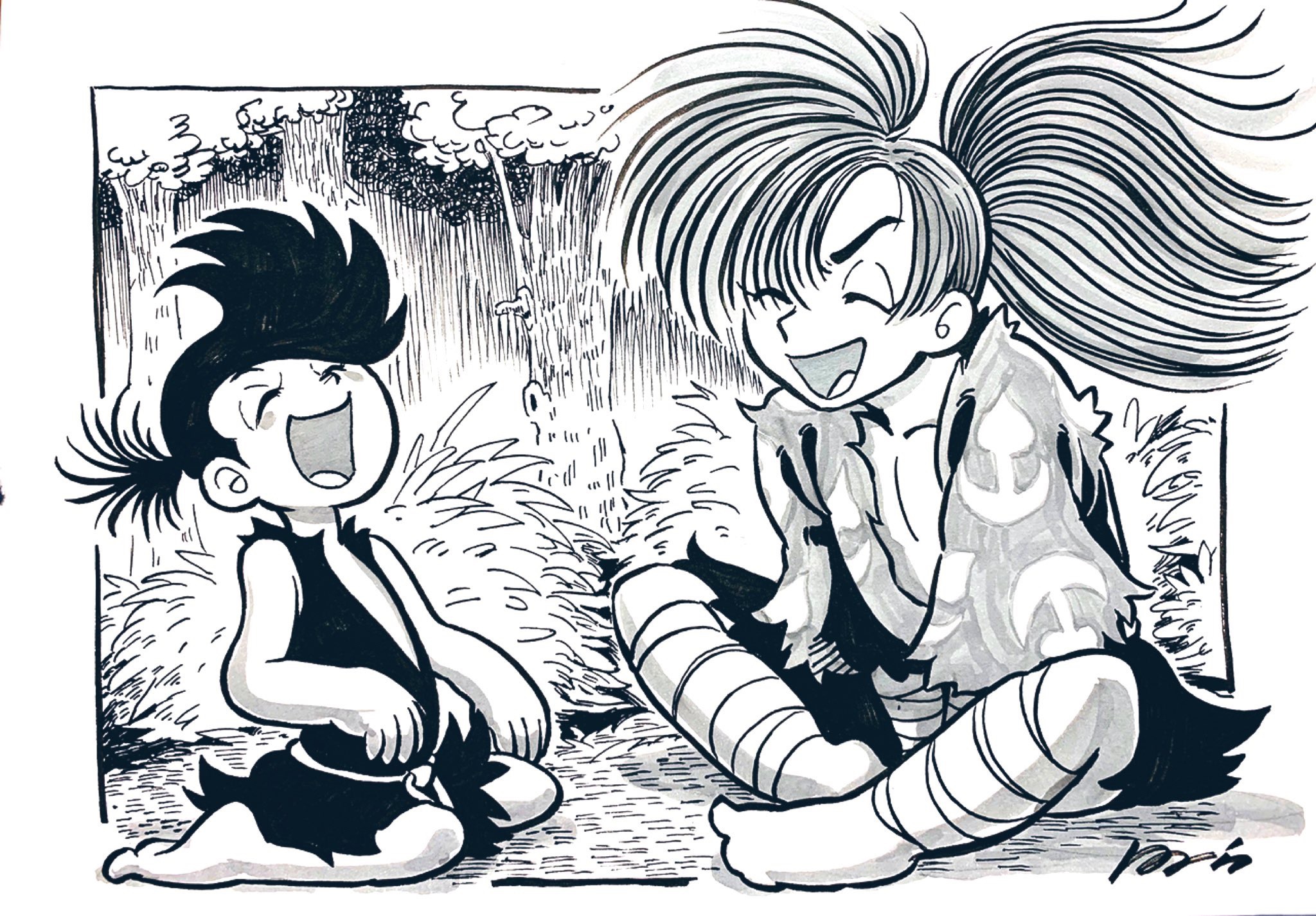 Dororo and Hyakkimaru laughing in a forest HD Wallpaper