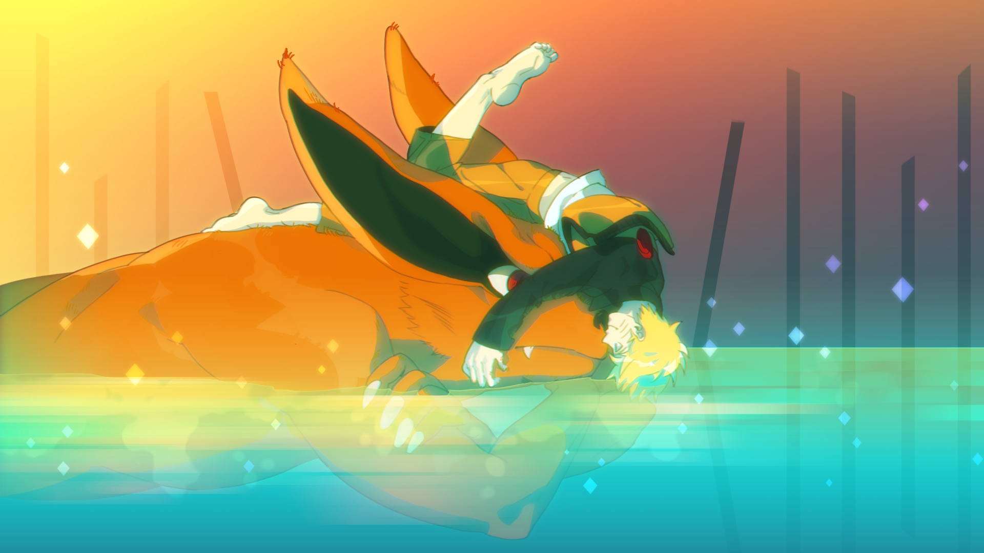 Naruto and Kyubi in water HD Wallpaper