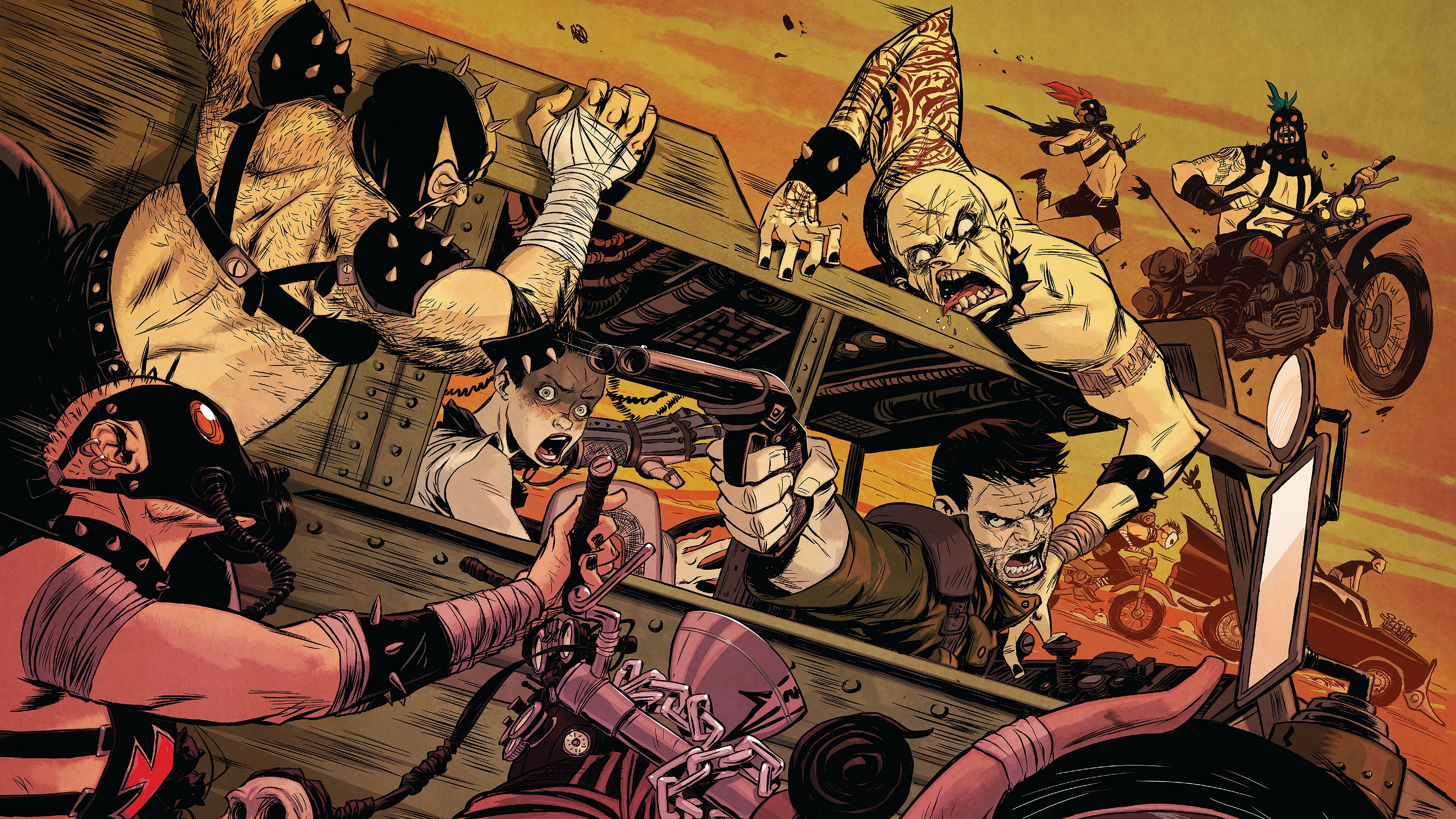 Mad Max: Fury Road characters in a vehicle combat scene HD Wallpaper