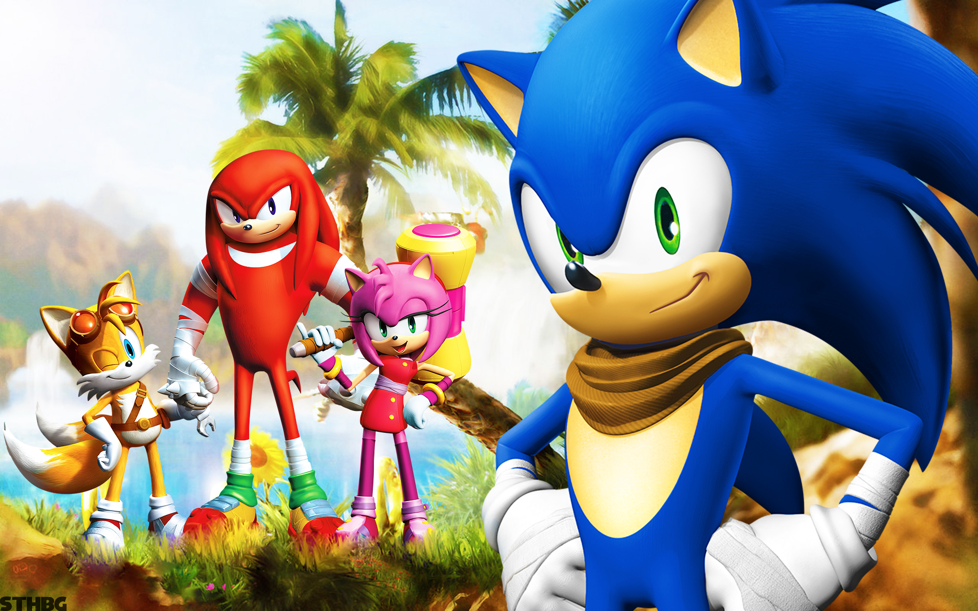 Sonic the Hedgehog characters in a tropical setting HD Wallpaper