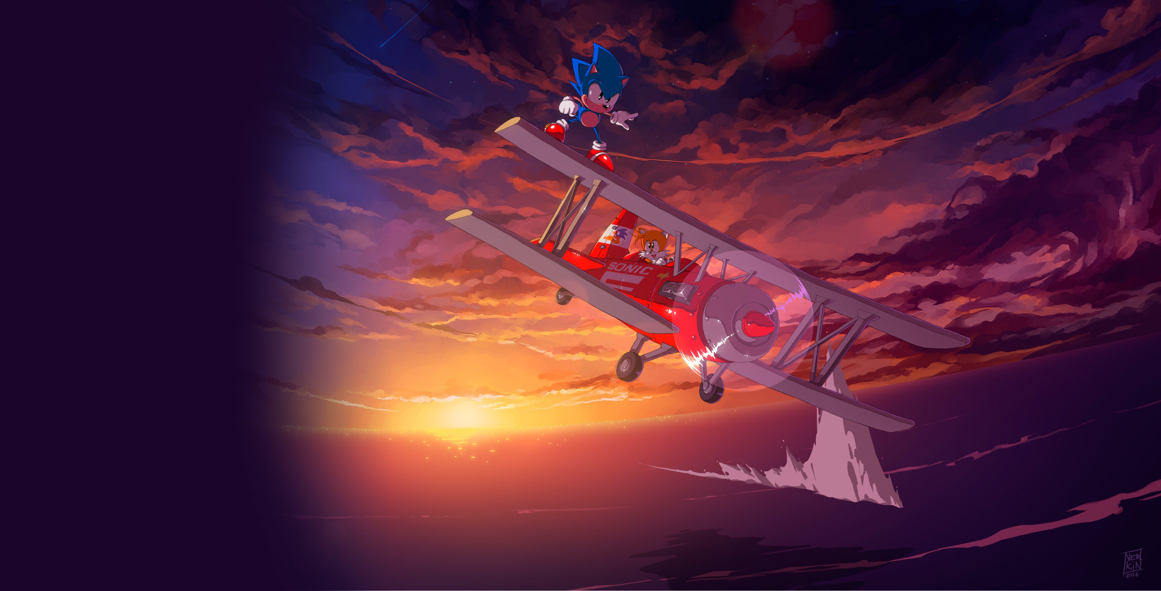 Sonic the Hedgehog and Tails flying a biplane HD Wallpaper