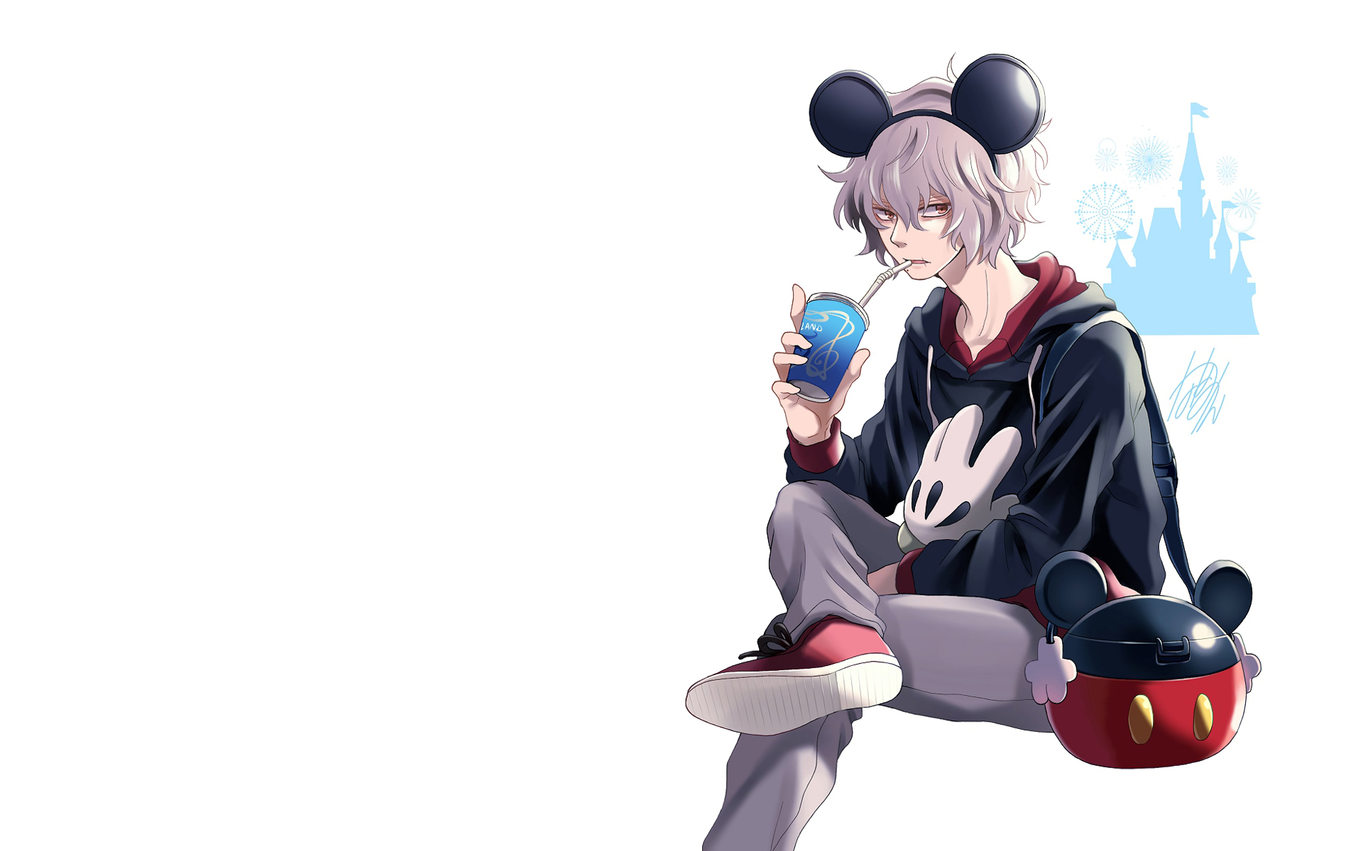 Anime boy with Mickey Mouse ears drinking from a cup HD Wallpaper