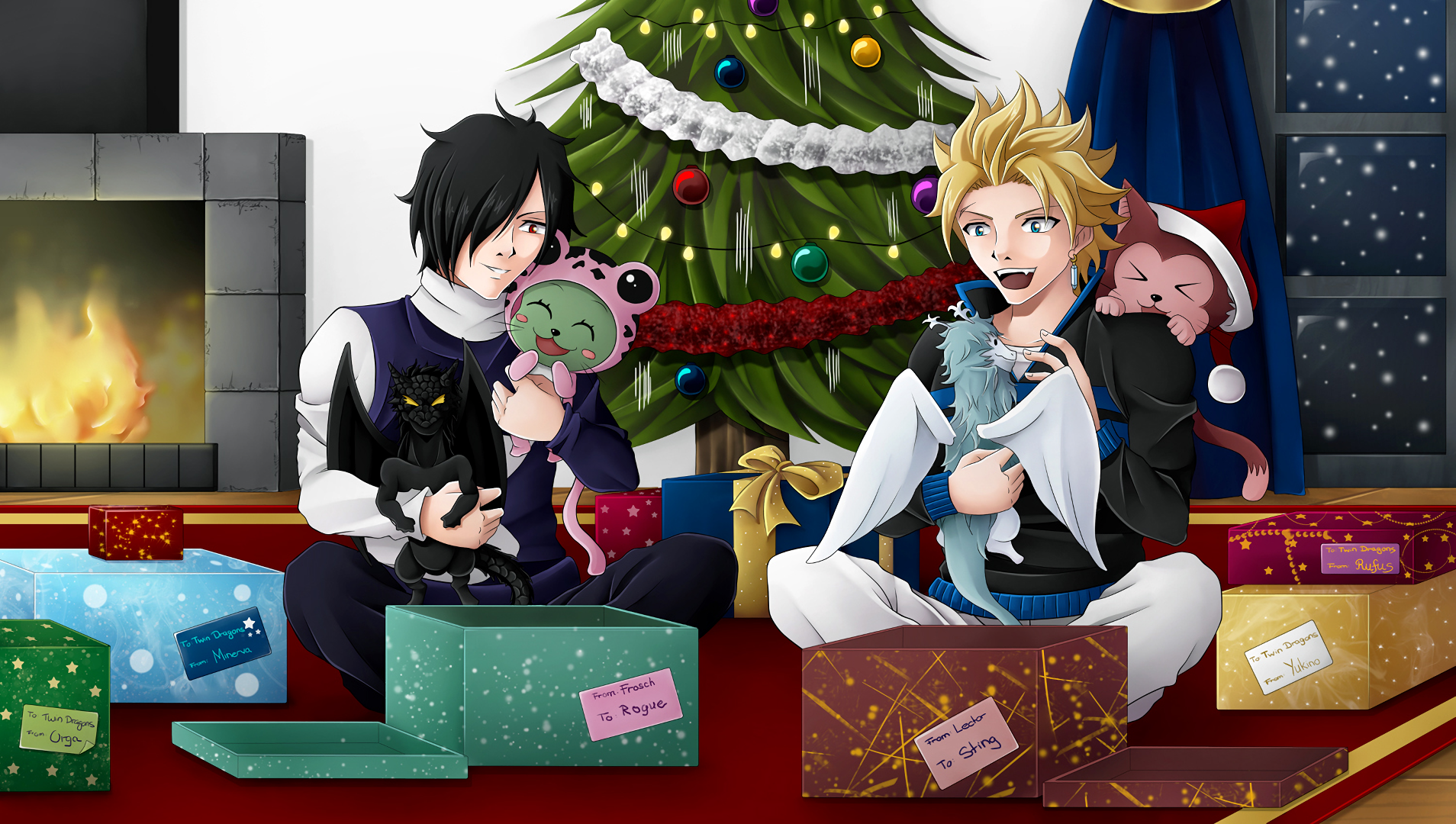 Two men and stuffed animals by a Christmas tree HD Wallpaper