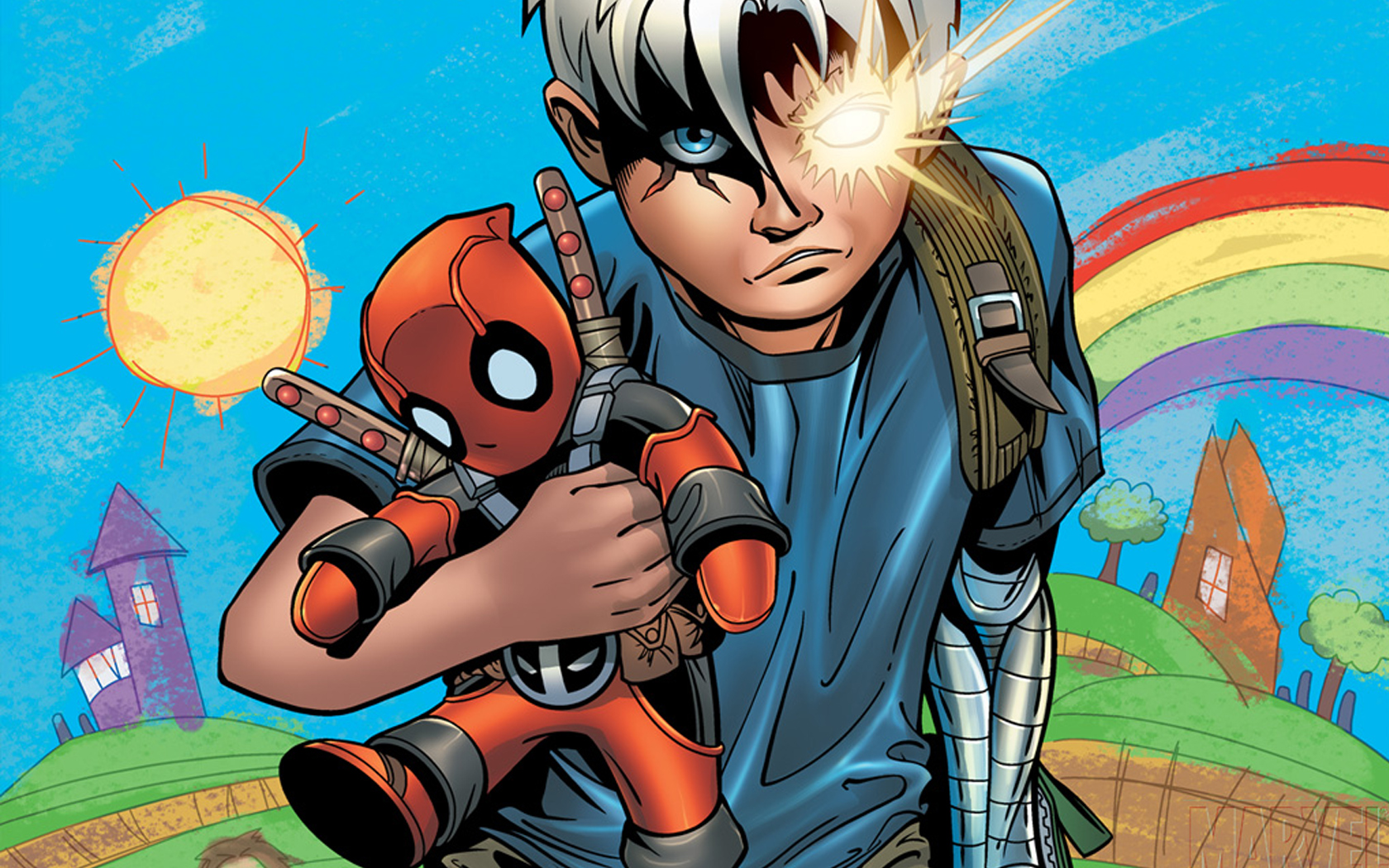Cable holding a Deadpool toy HD Wallpaper