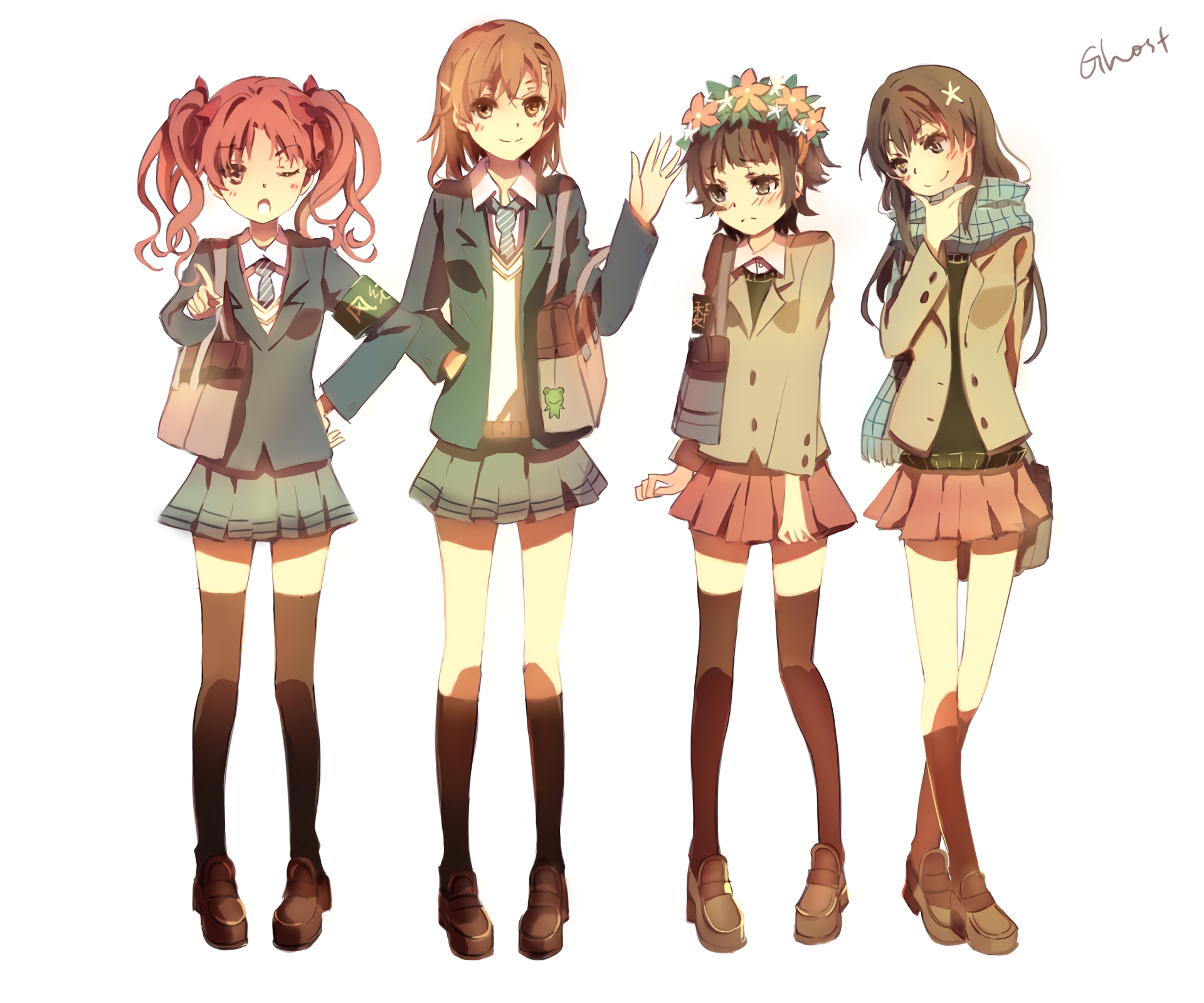 Four anime girls in school uniforms HD Wallpaper