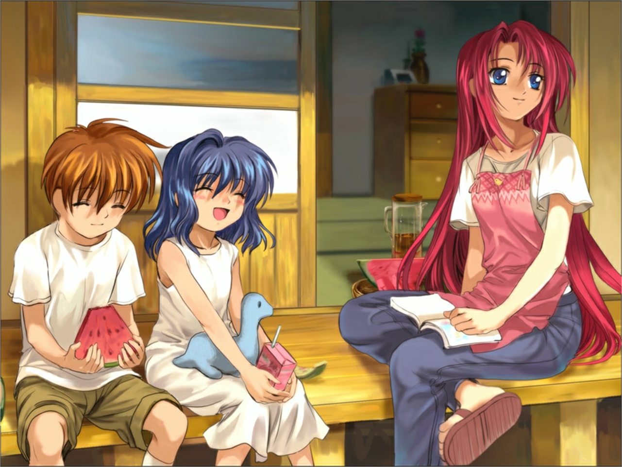 Kano Kirishima with children eating watermelon HD Wallpaper