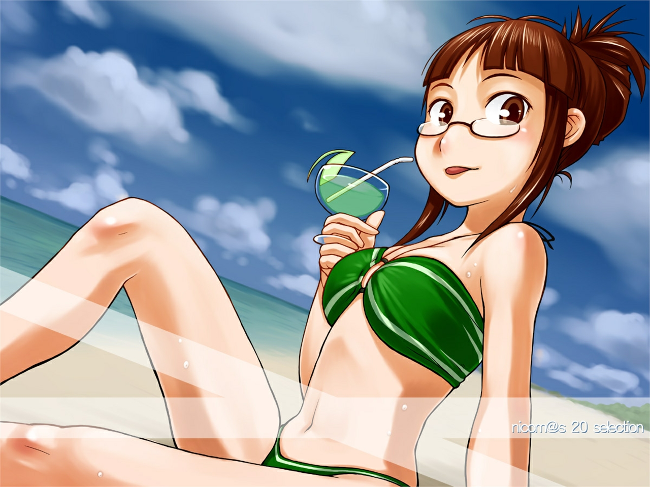 Ritsuko Akizuki in a green bikini on the beach HD Wallpaper