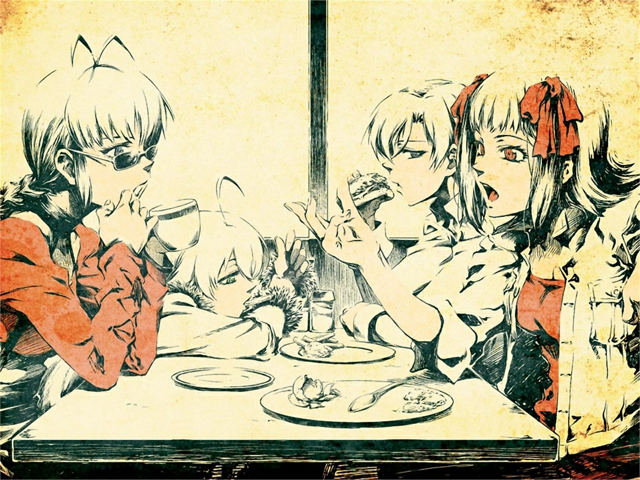 Anime characters eating at a table HD Wallpaper