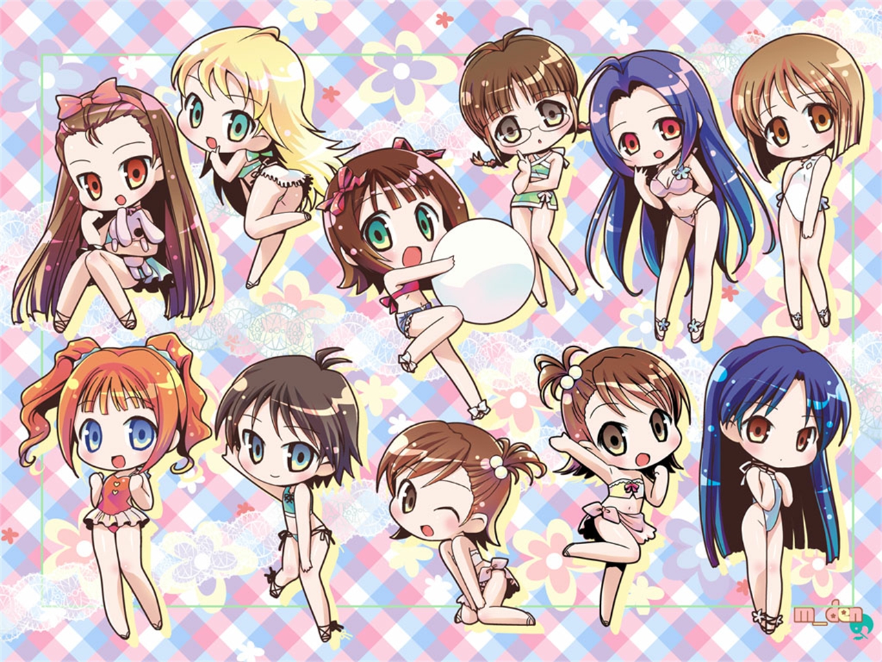 Chibi girls in swimsuits HD Wallpaper