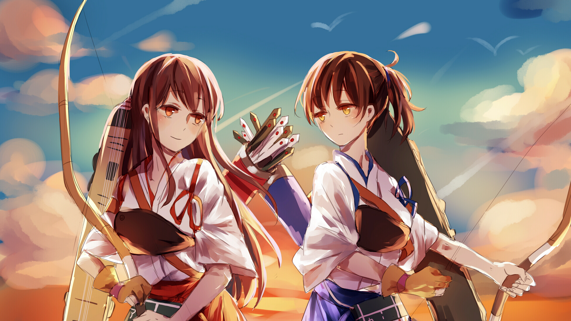 Two girls with bows and arrows at sunset HD Wallpaper