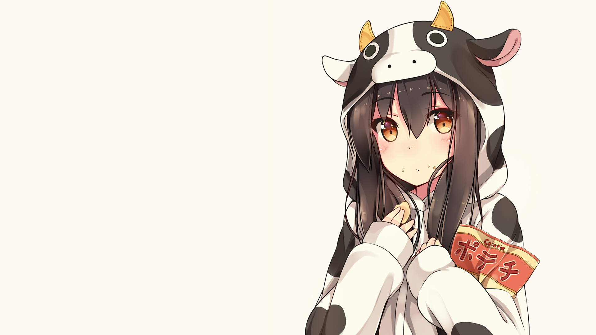 Girl in cow pajamas eating chips HD Wallpaper