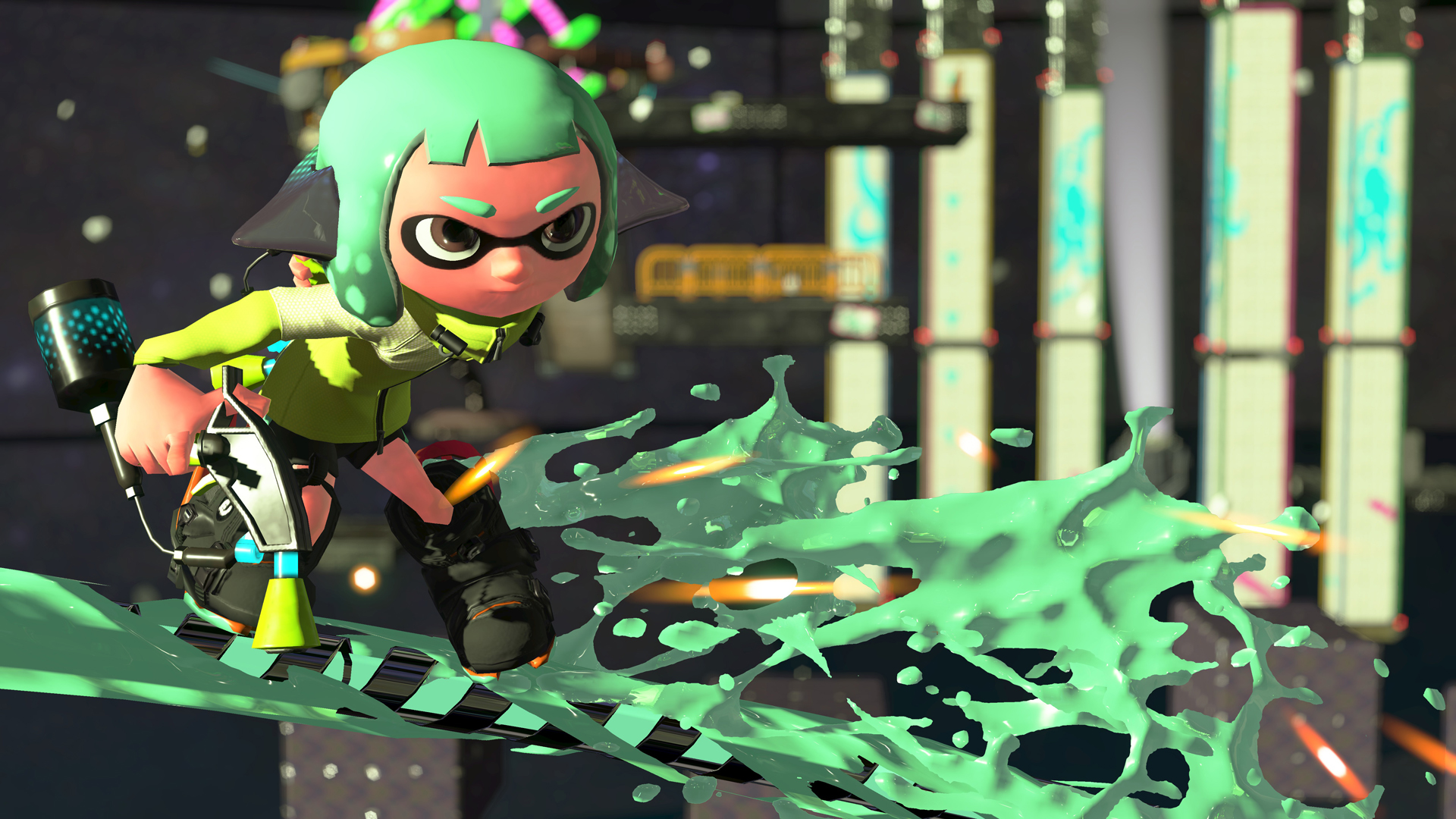 Inkling from Splatoon riding a board and shooting ink HD Wallpaper