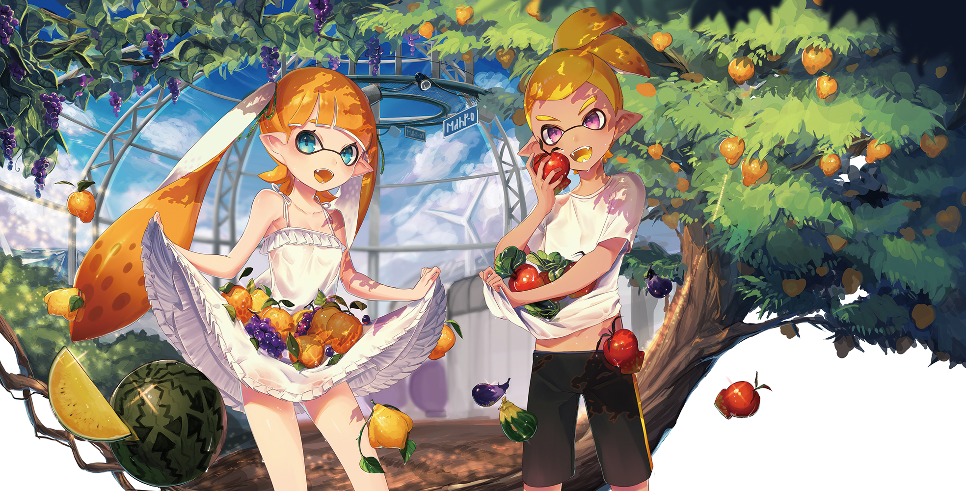Two Inkling Characters Gathering Fruit in a Vibrant Orchard HD Wallpaper
