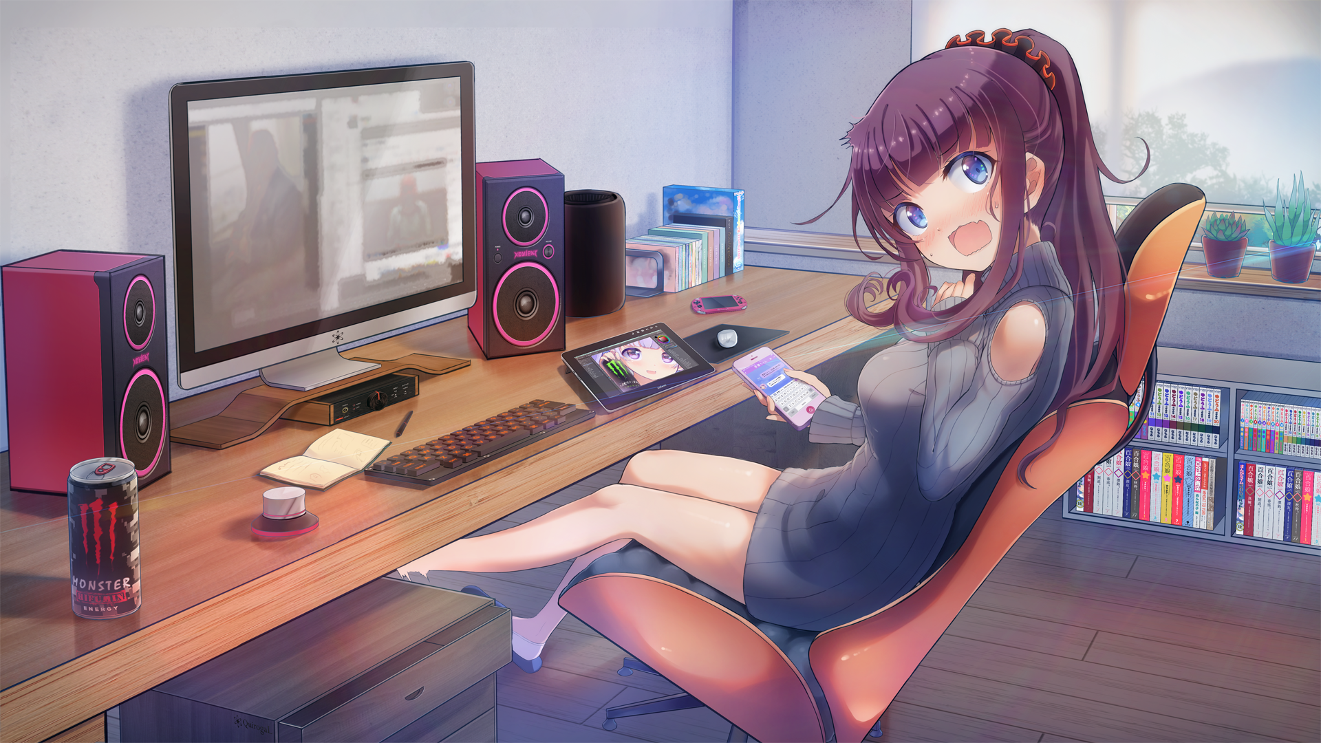 Girl at a desk with computer and speakers HD Wallpaper