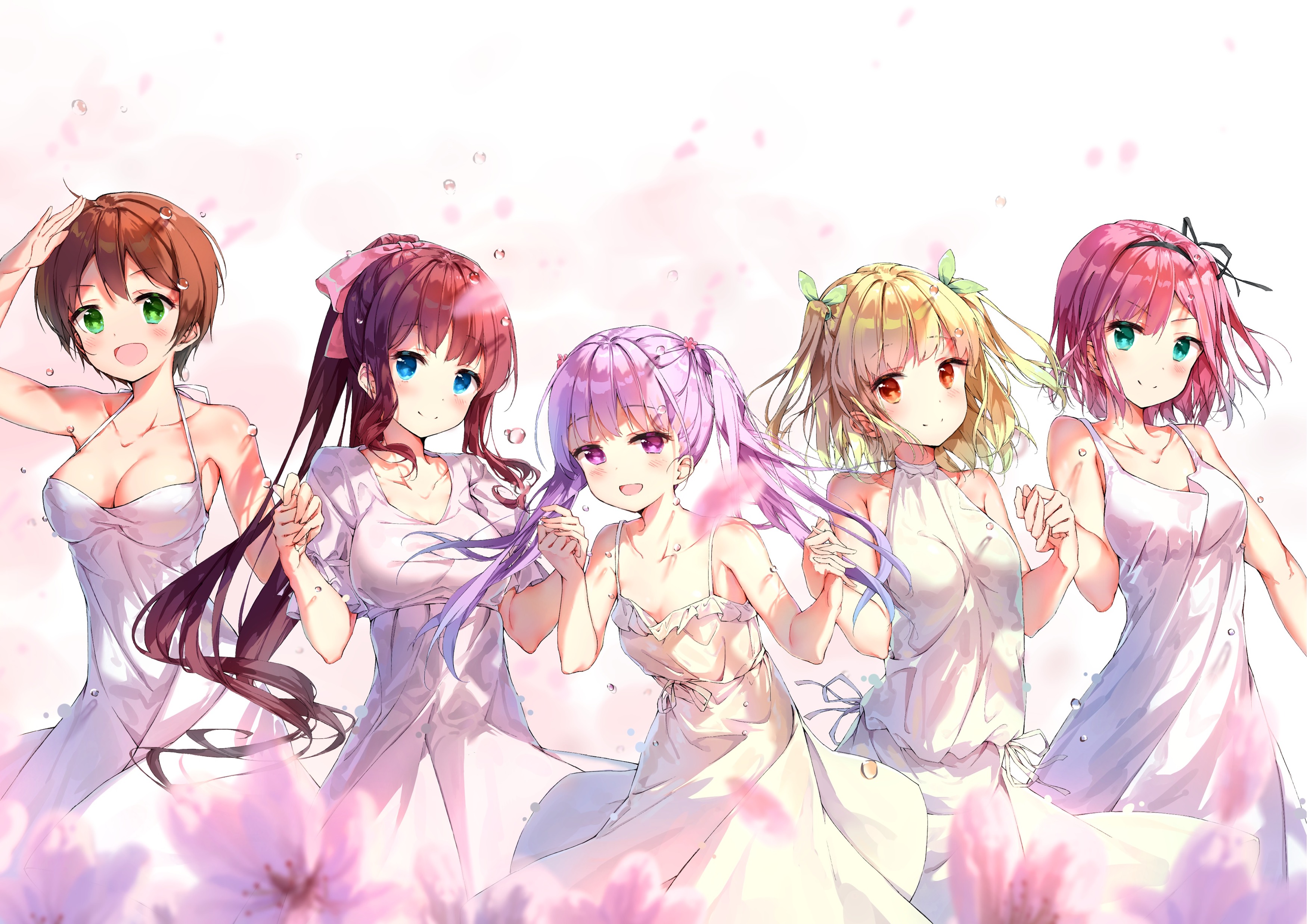 Five anime girls in white dresses HD Wallpaper