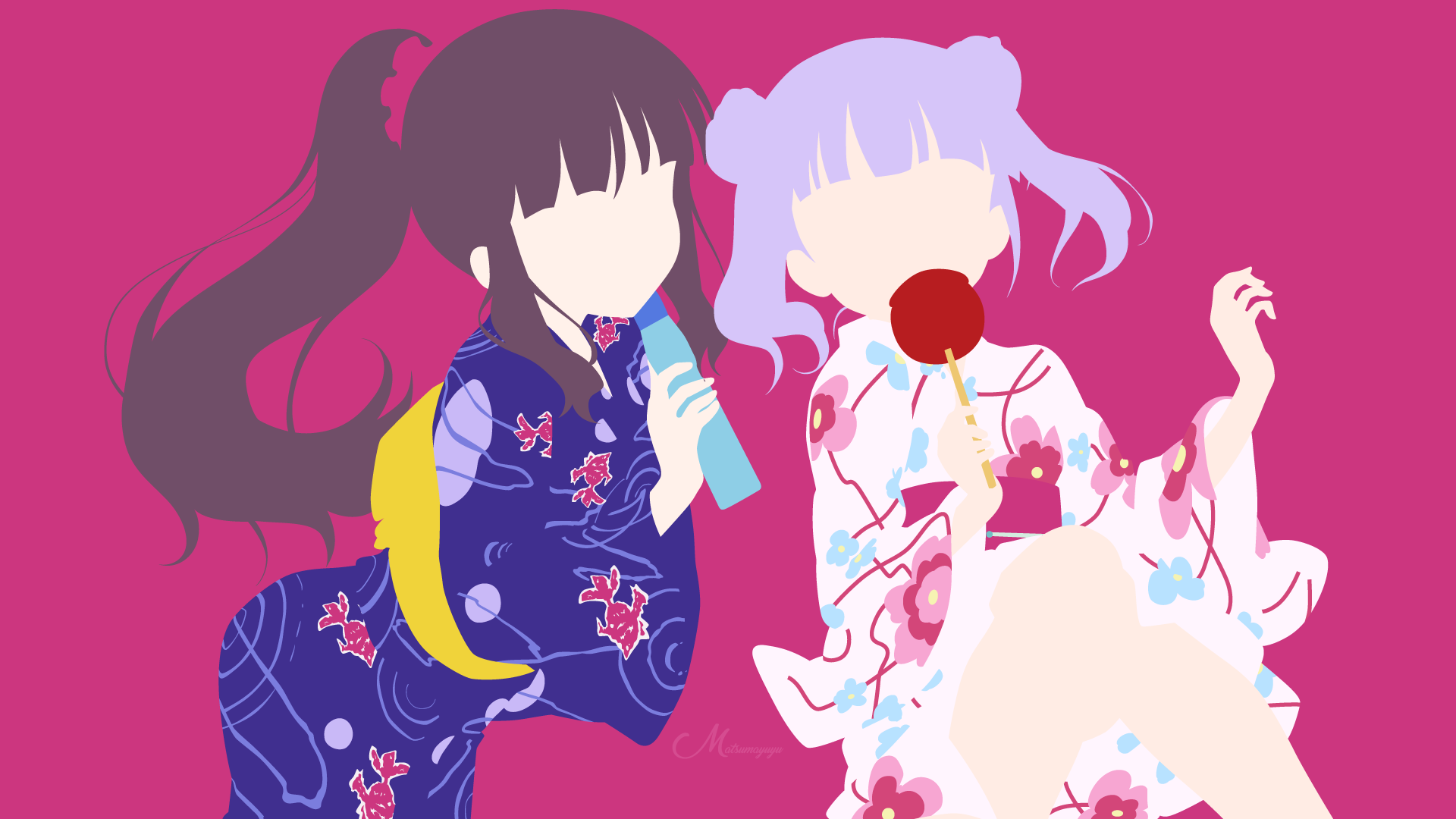 Two girls in yukatas with candy apples HD Wallpaper