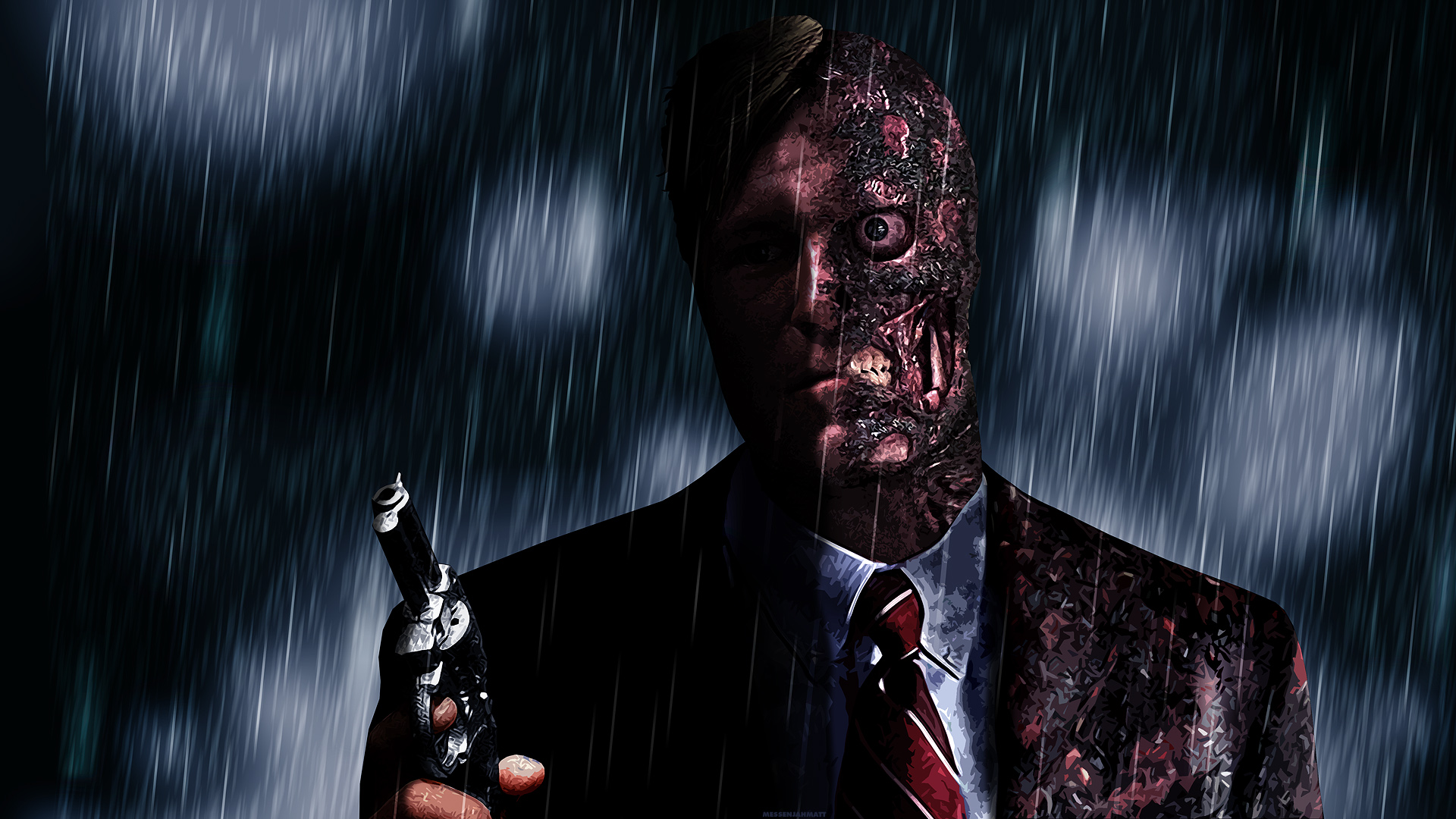Two-Face from Batman holding a gun in the rain HD Wallpaper