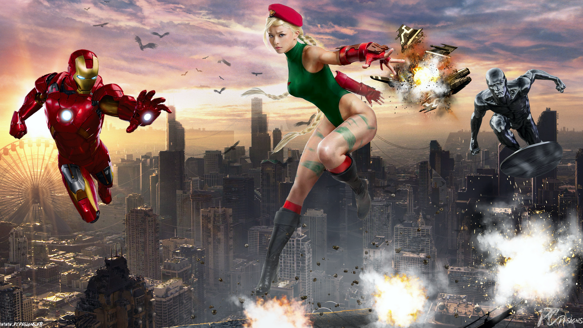 Iron Man, Cammy, and Silver Surfer in a city battle HD Wallpaper