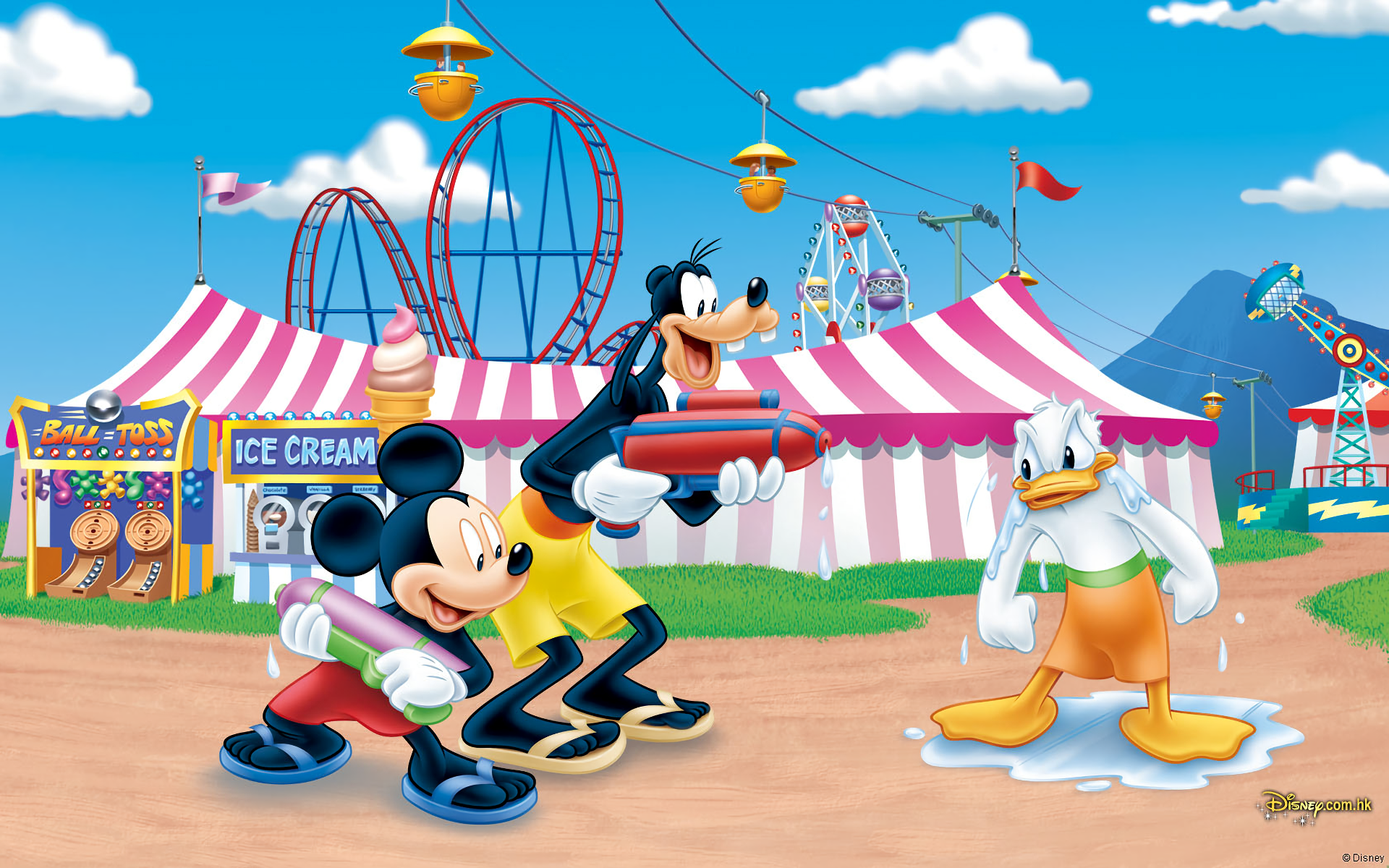 Mickey, Goofy, and Donald at the Amusement Park HD Wallpaper