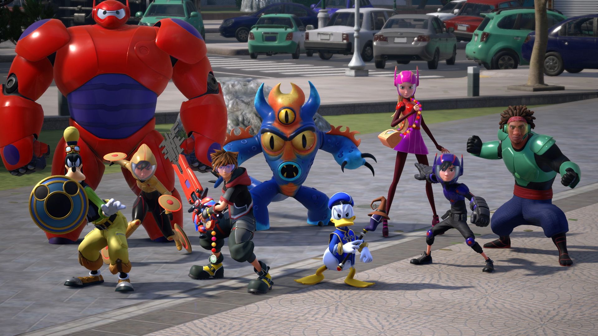 Characters from Kingdom Hearts III and Big Hero 6 HD Wallpaper
