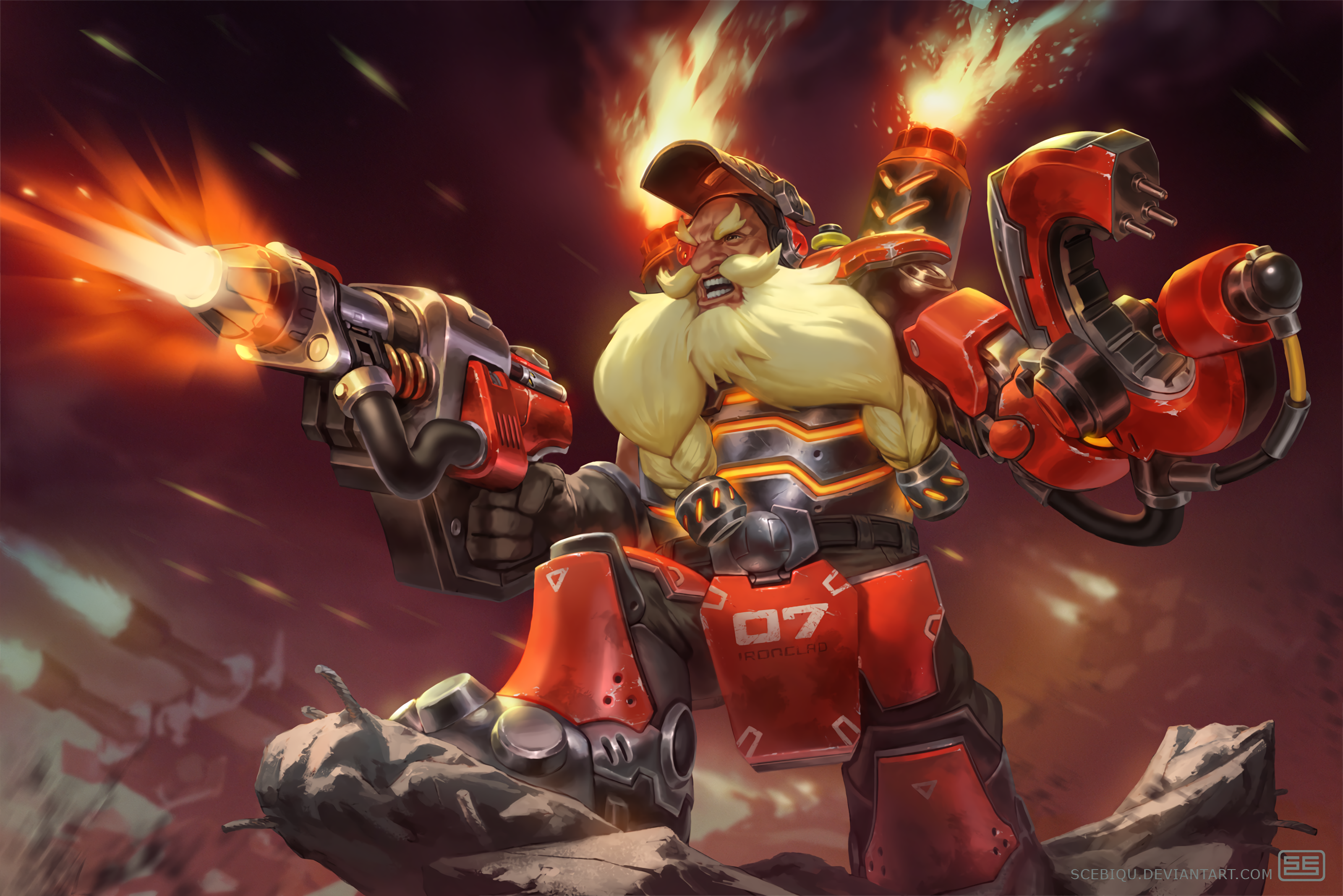 Torbjörn from Overwatch firing weapons HD Wallpaper