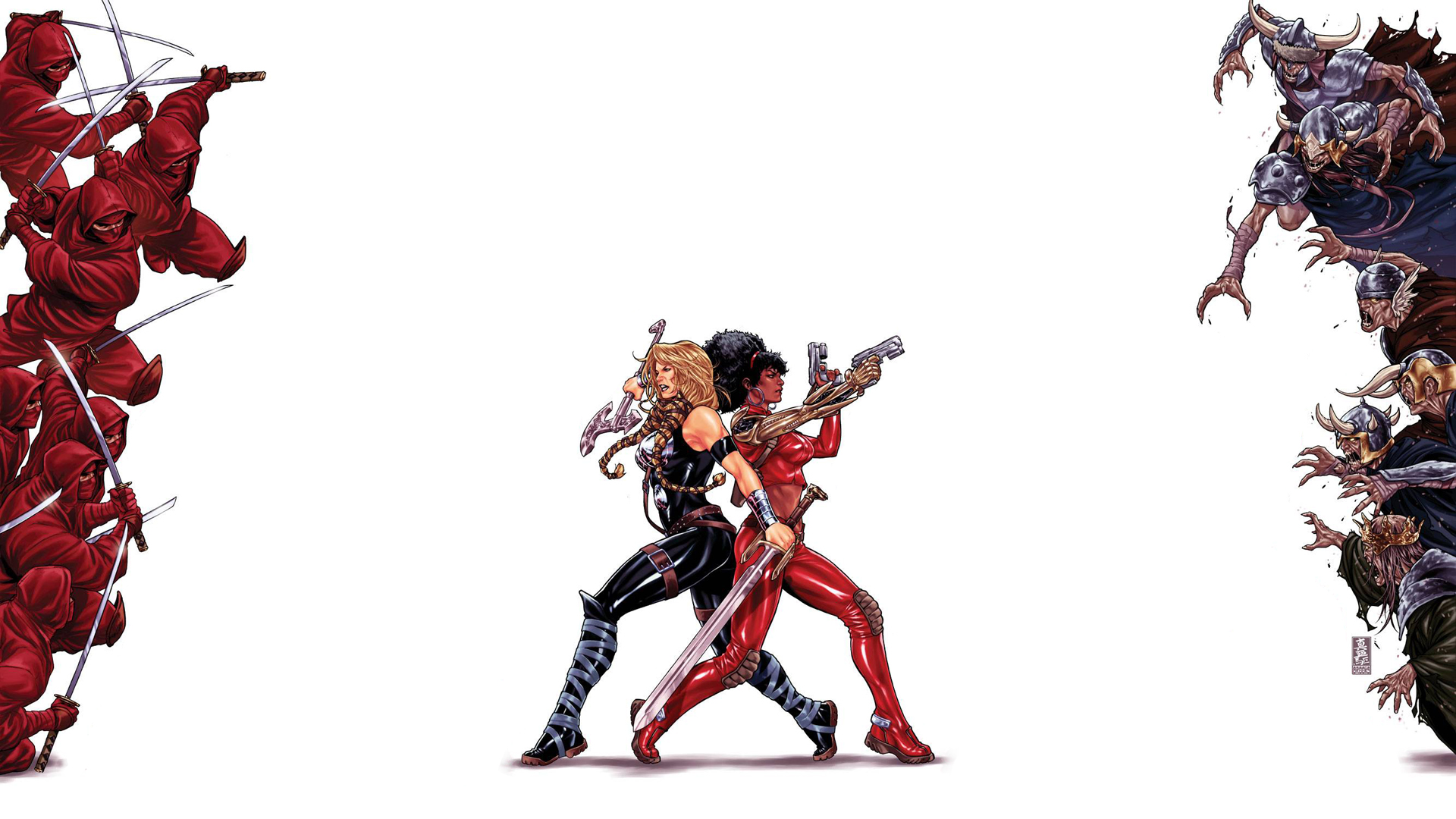 Two female warriors and fantasy creatures HD Wallpaper