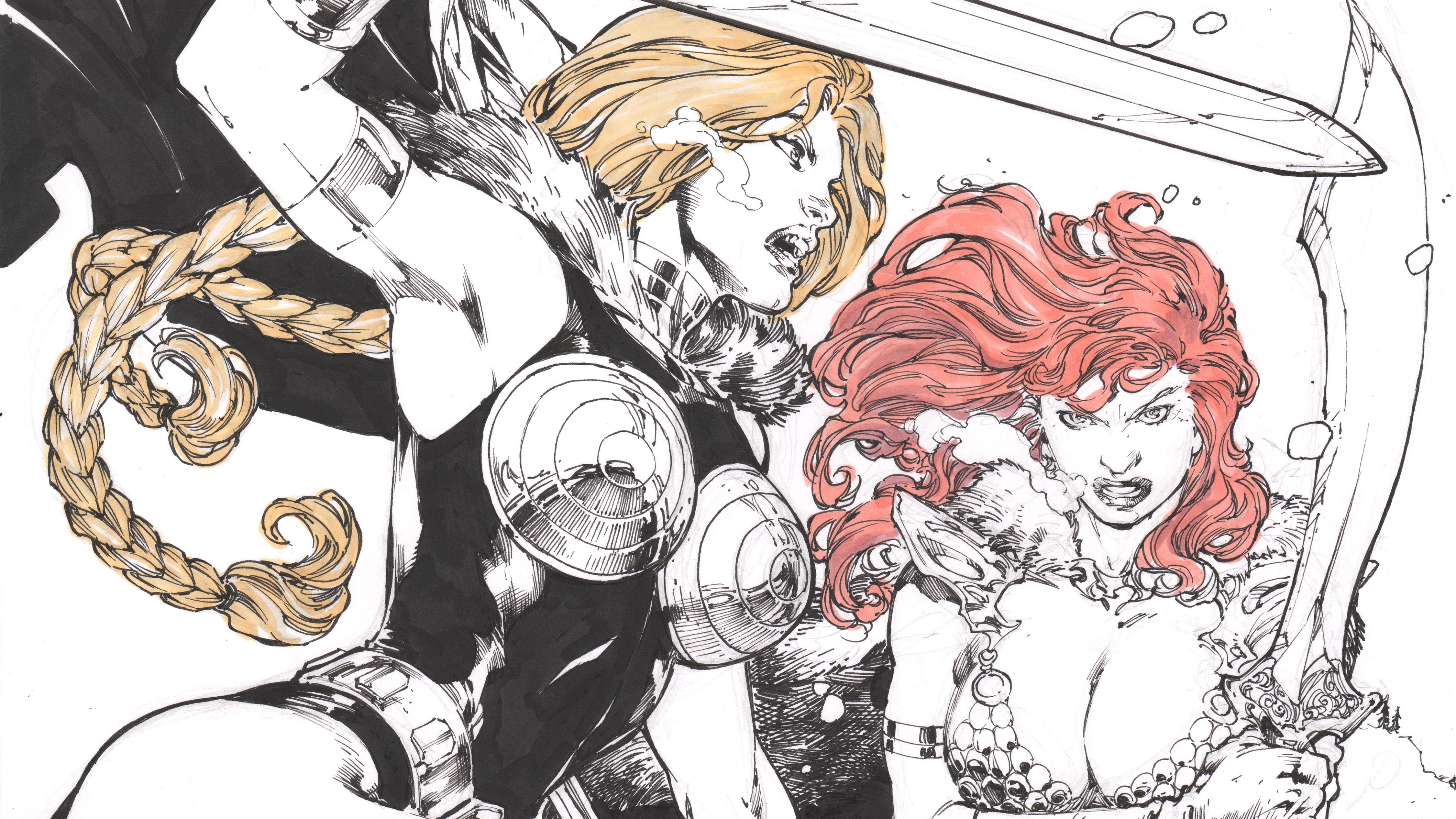 Valkyrie and Red Sonja with Swords HD Wallpaper