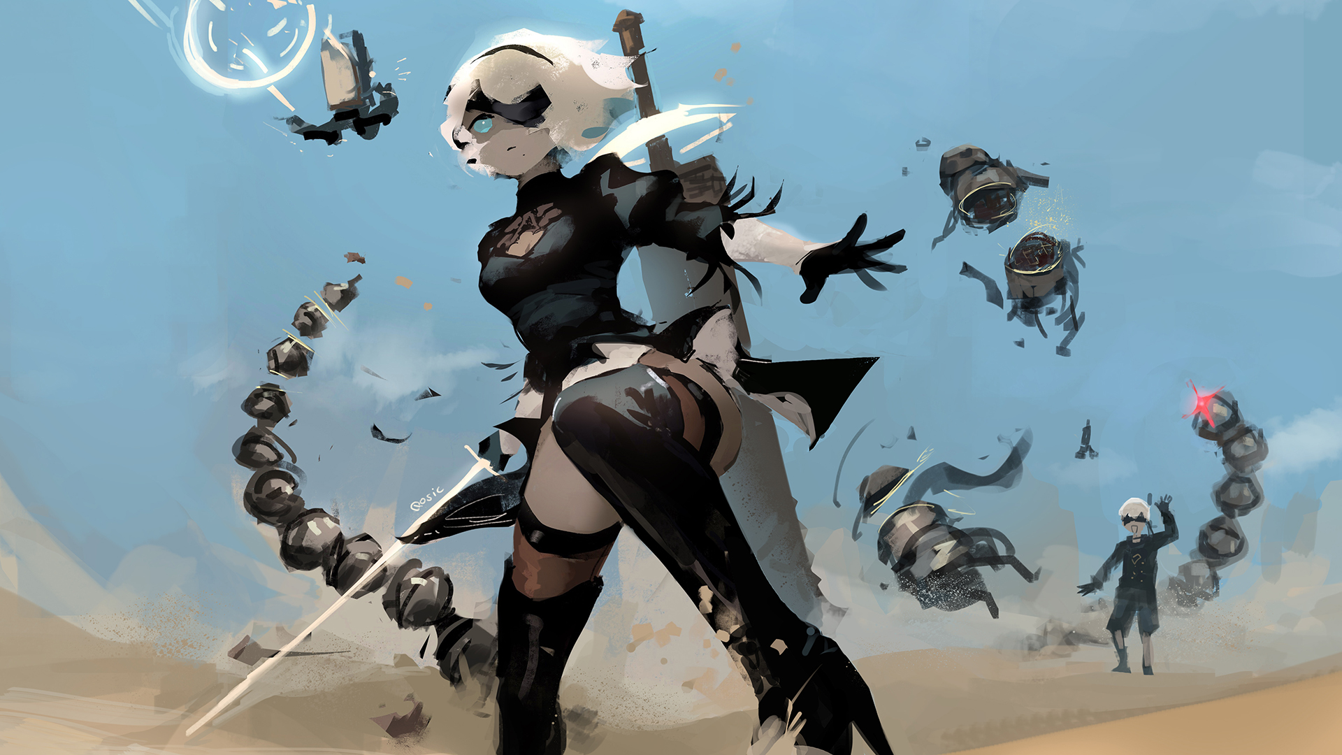 2B from NieR: Automata fighting robots in a desert HD Wallpaper