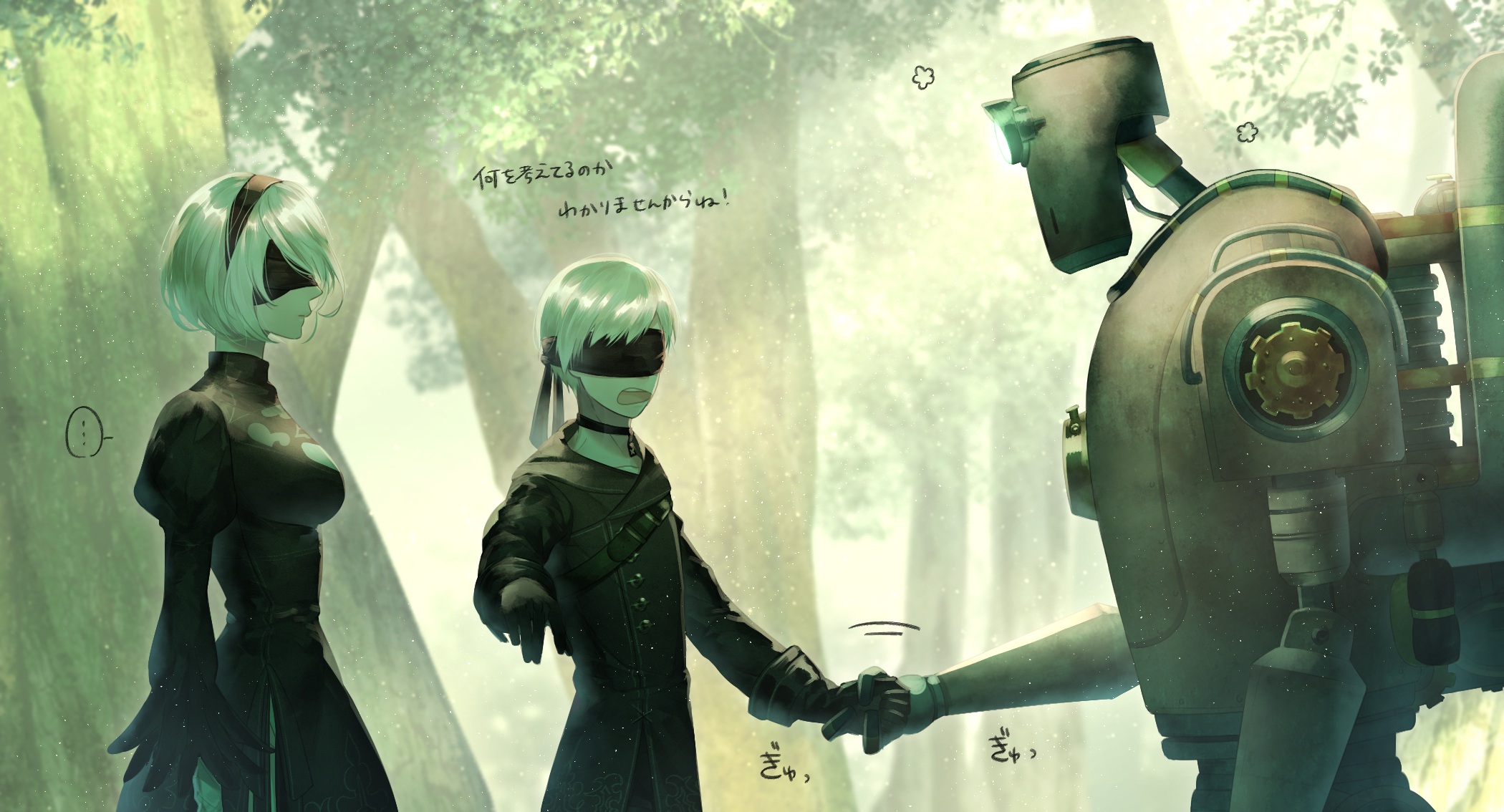 2B and 9S from NieR: Automata with a robot HD Wallpaper