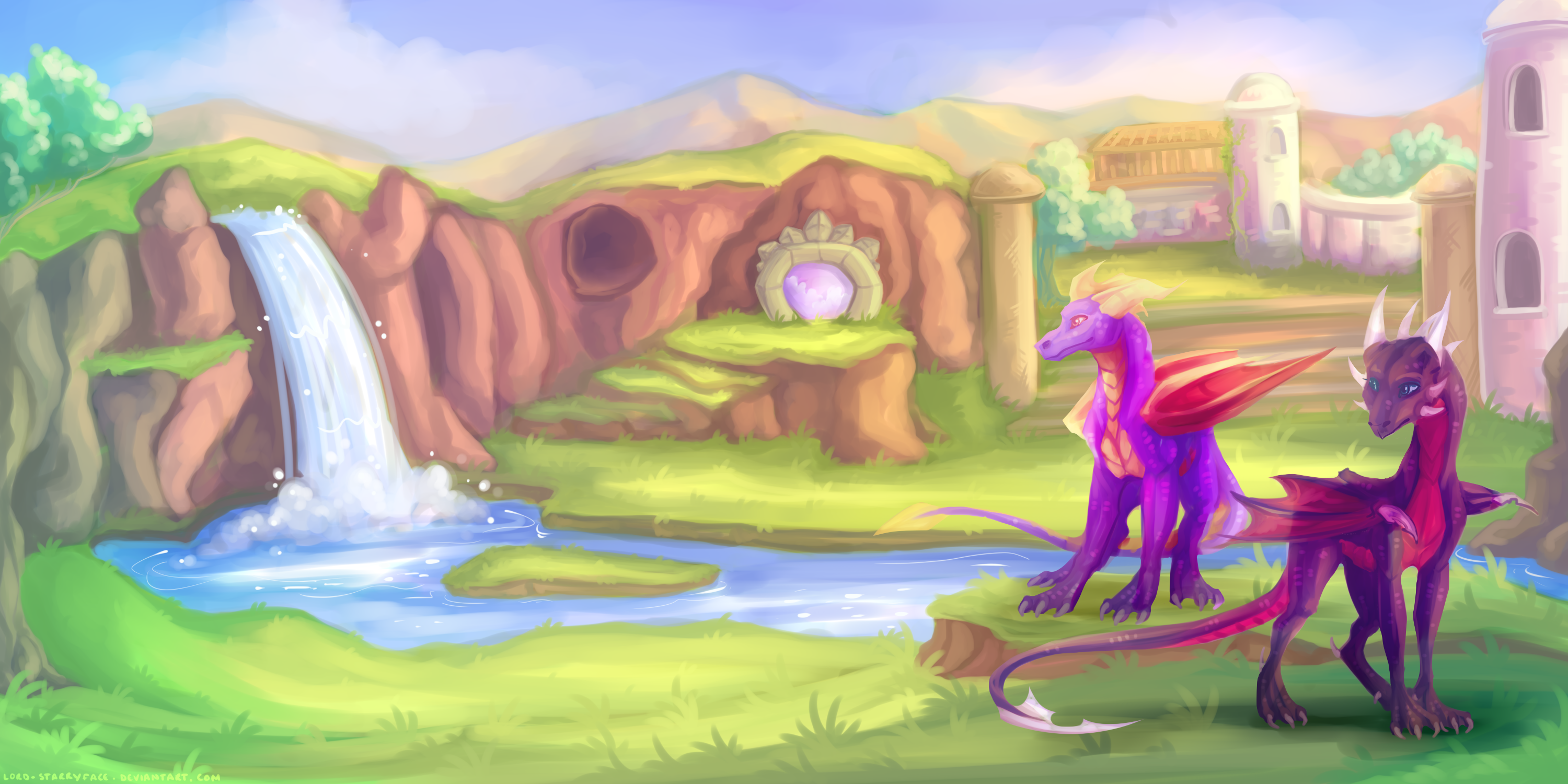Spyro the Dragon and companion in a fantasy landscape HD Wallpaper