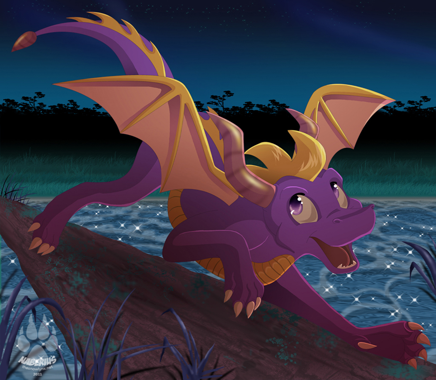 Spyro the Dragon on a log at night HD Wallpaper