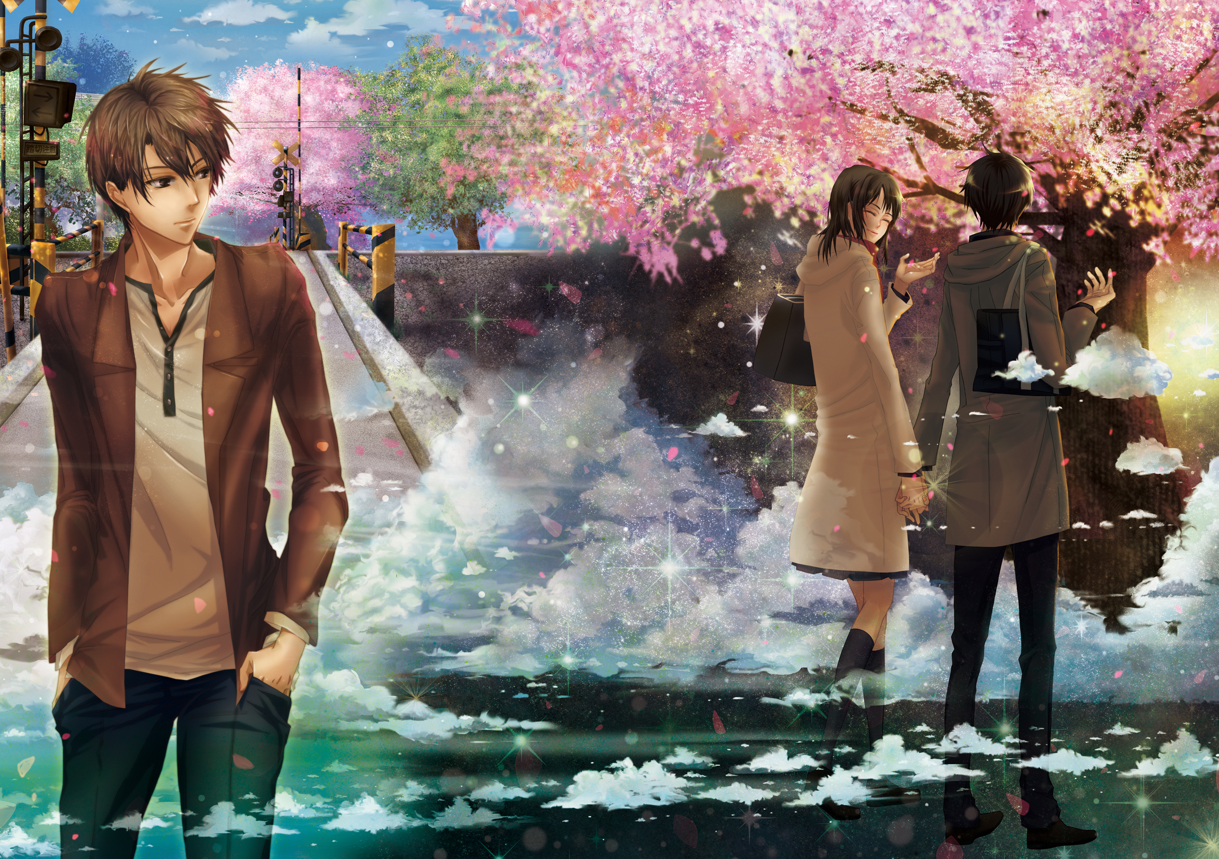 Anime scene with cherry blossoms and couples HD Wallpaper