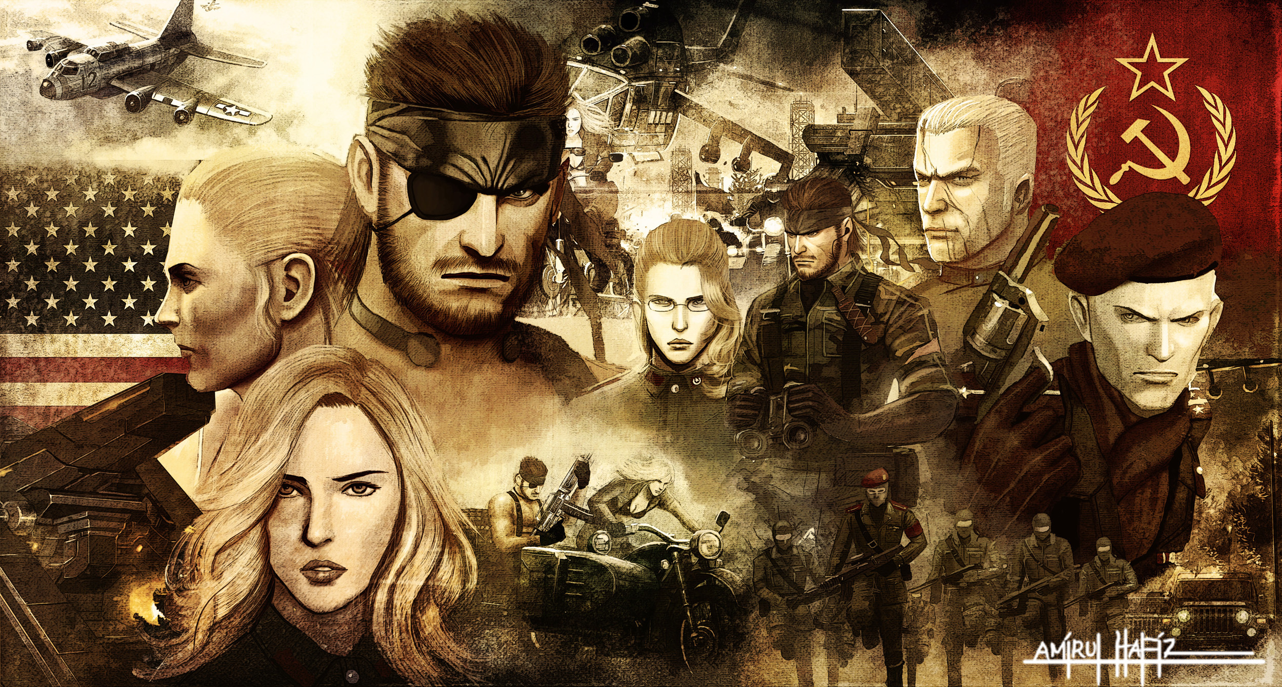 Metal Gear Solid characters with US and Soviet flags HD Wallpaper