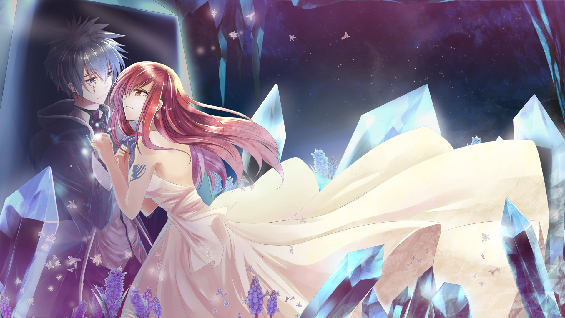 Erza Scarlet and Jellal Fernandes in a crystal cave HD Wallpaper