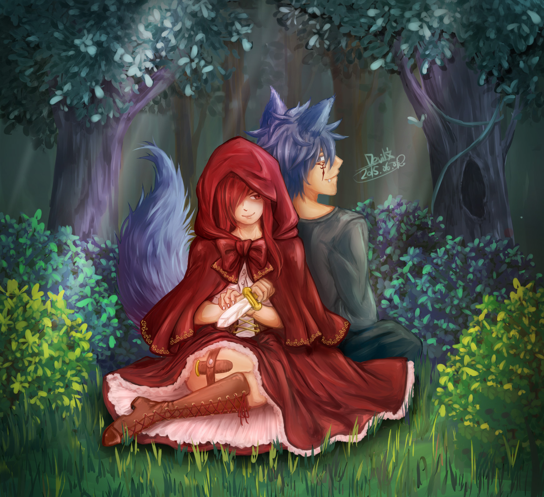 Erza Scarlet and Jellal Fernandes in a forest HD Wallpaper