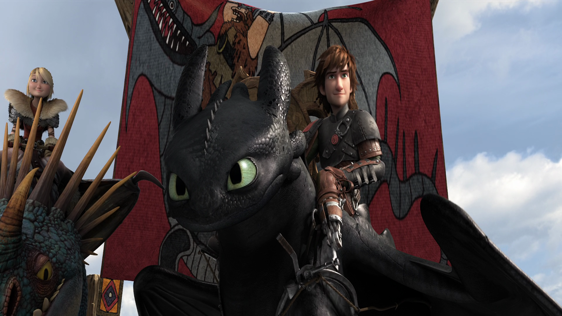 Hiccup and Astrid riding Toothless and Stormfly HD Wallpaper