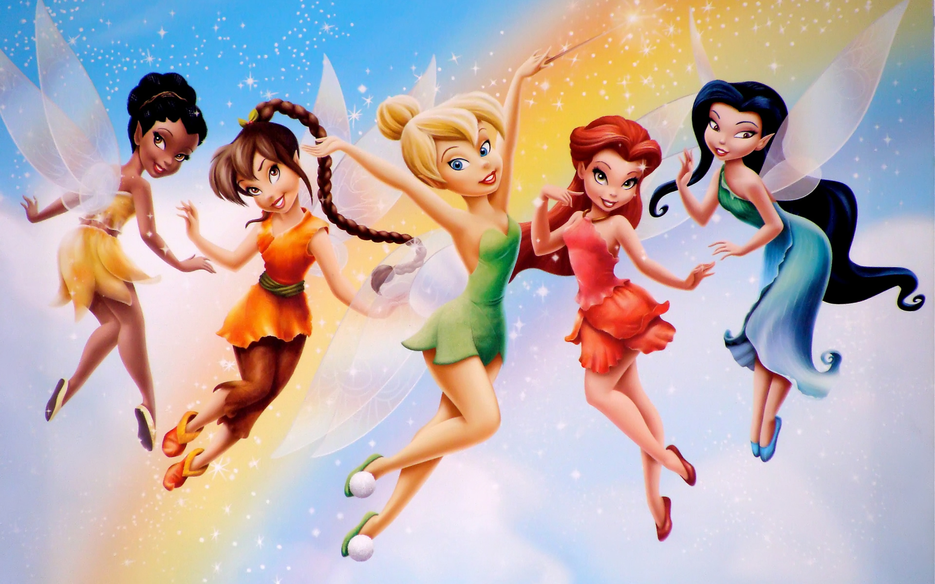 Tinker Bell and friends flying in the sky HD Wallpaper