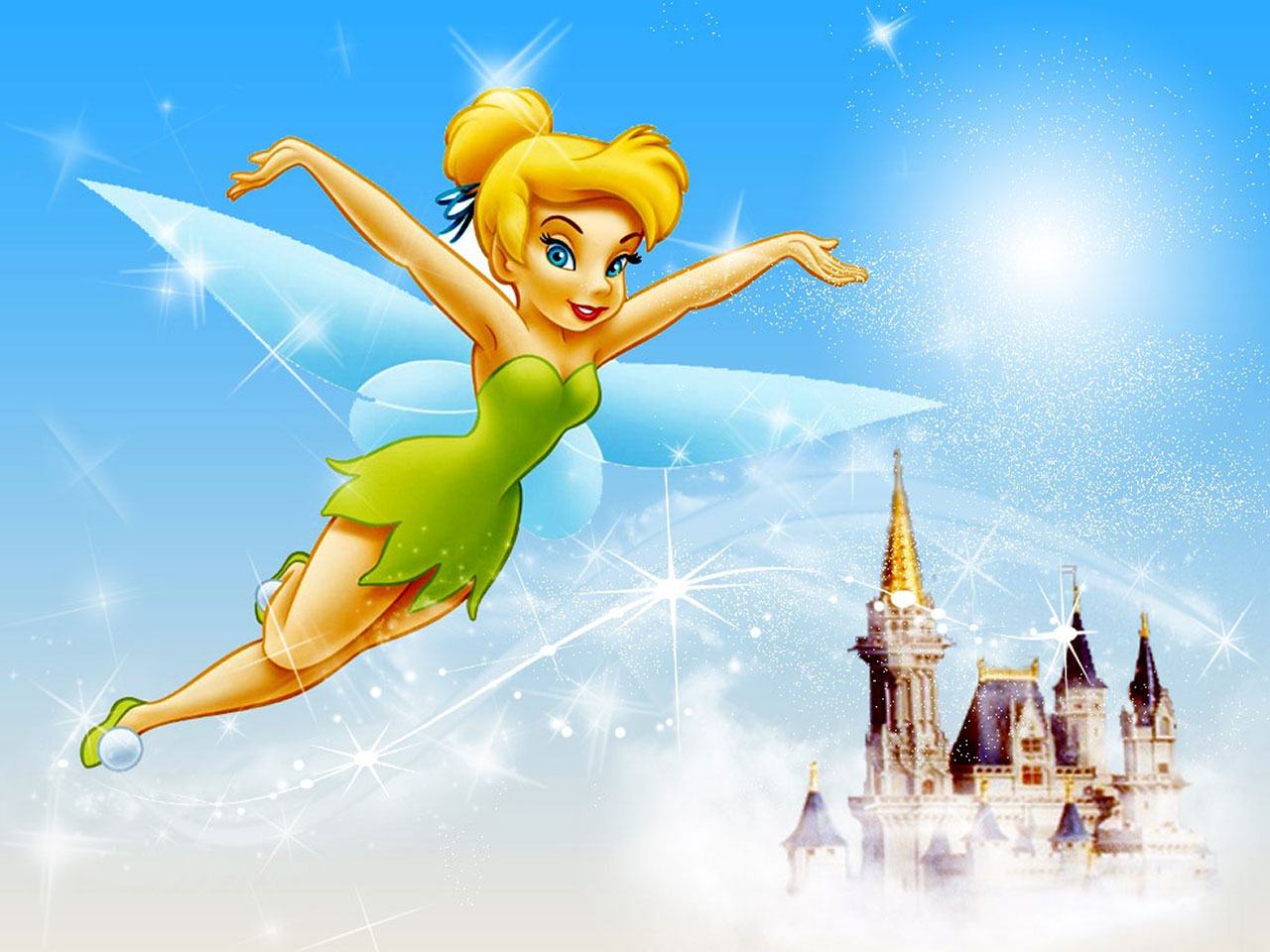 Tinker Bell flying near a castle HD Wallpaper