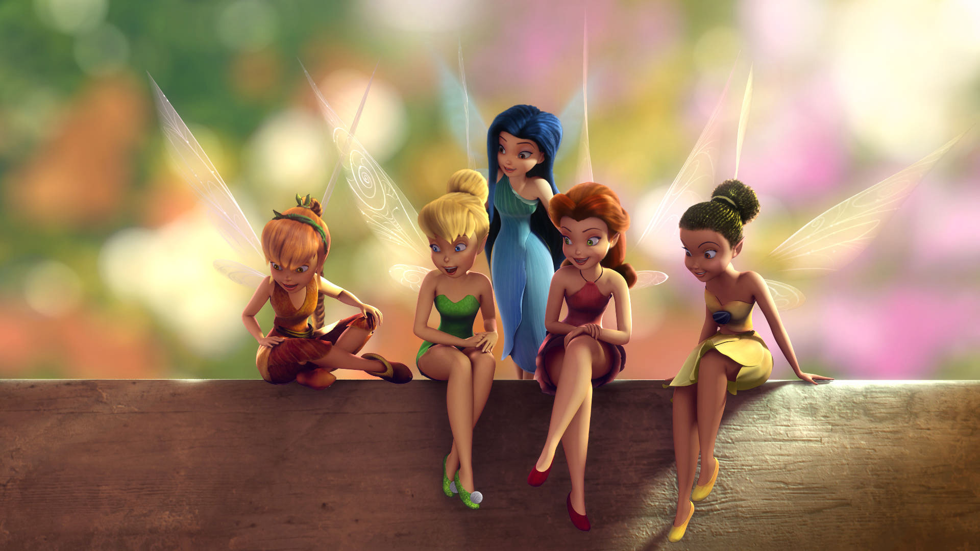 Tinker Bell and friends sitting on a wooden ledge HD Wallpaper