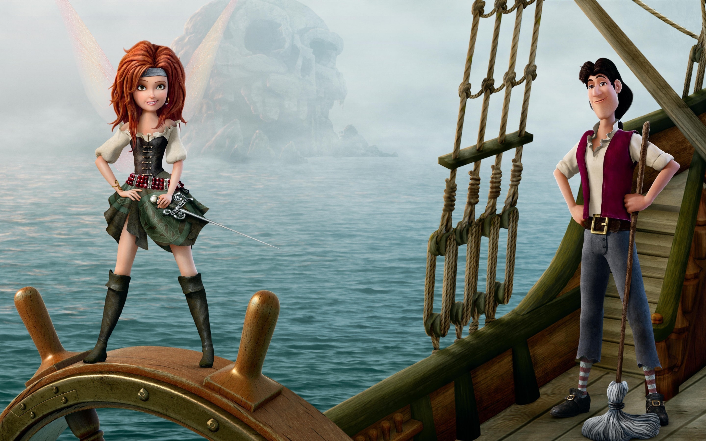 Tinker Bell and Captain Hook on a pirate ship HD Wallpaper