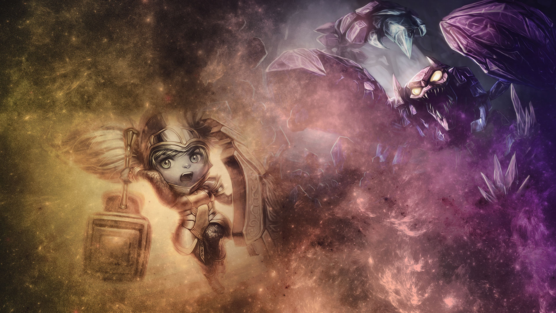 Poppy from League of Legends fighting a monster HD Wallpaper