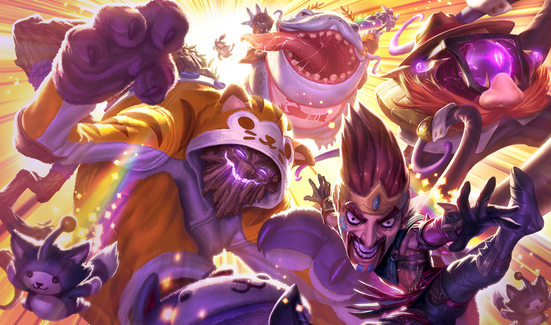 League of Legends characters in a chaotic, colorful scene HD Wallpaper
